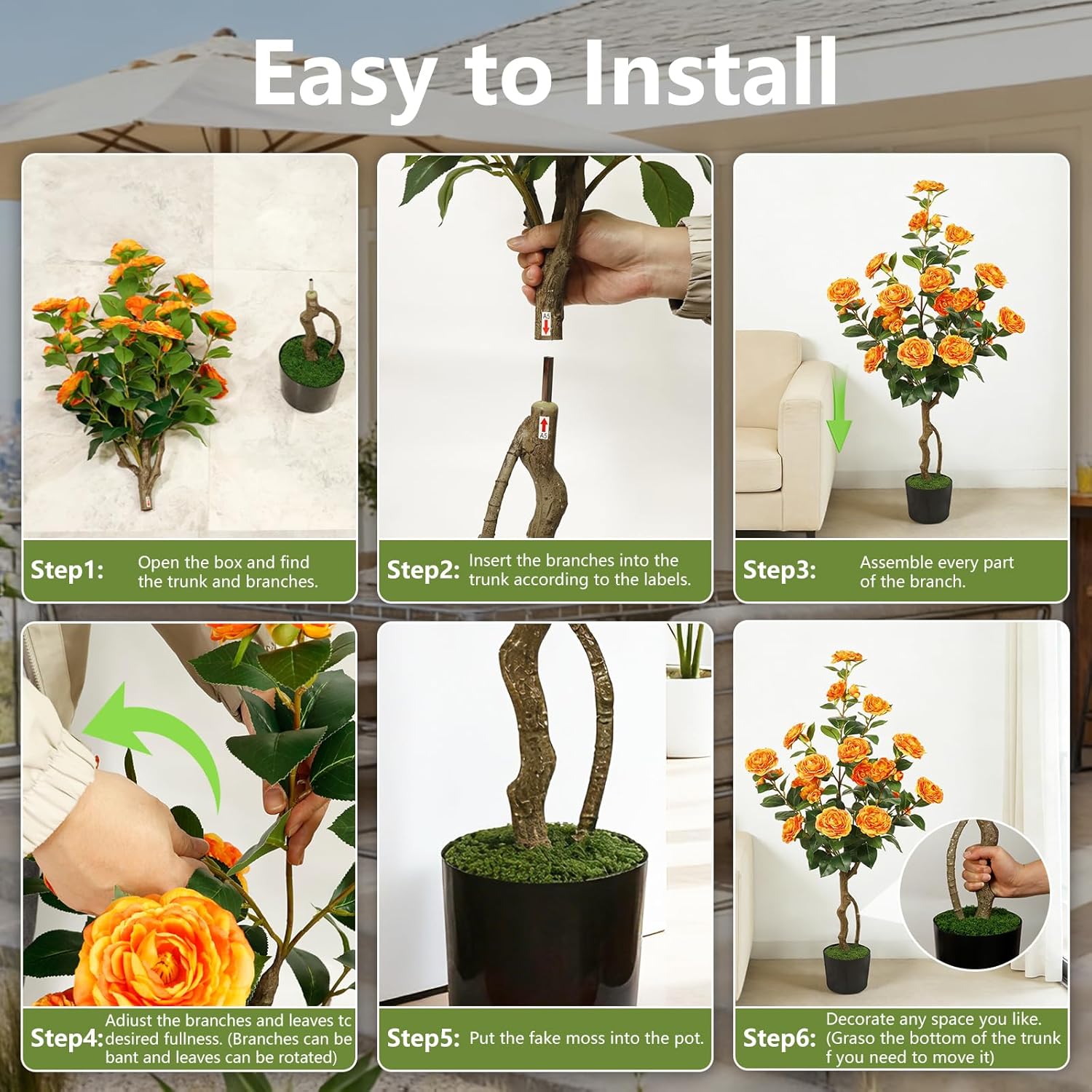 Artificial Camellia Tree 2 Pack, 42'' Faux Camellia Plant in Pot with 24 Blooming Flowers, Fake Greenery Potted Plant for Indoor Outdoor Home Floor Office Porch Decor (Orange)