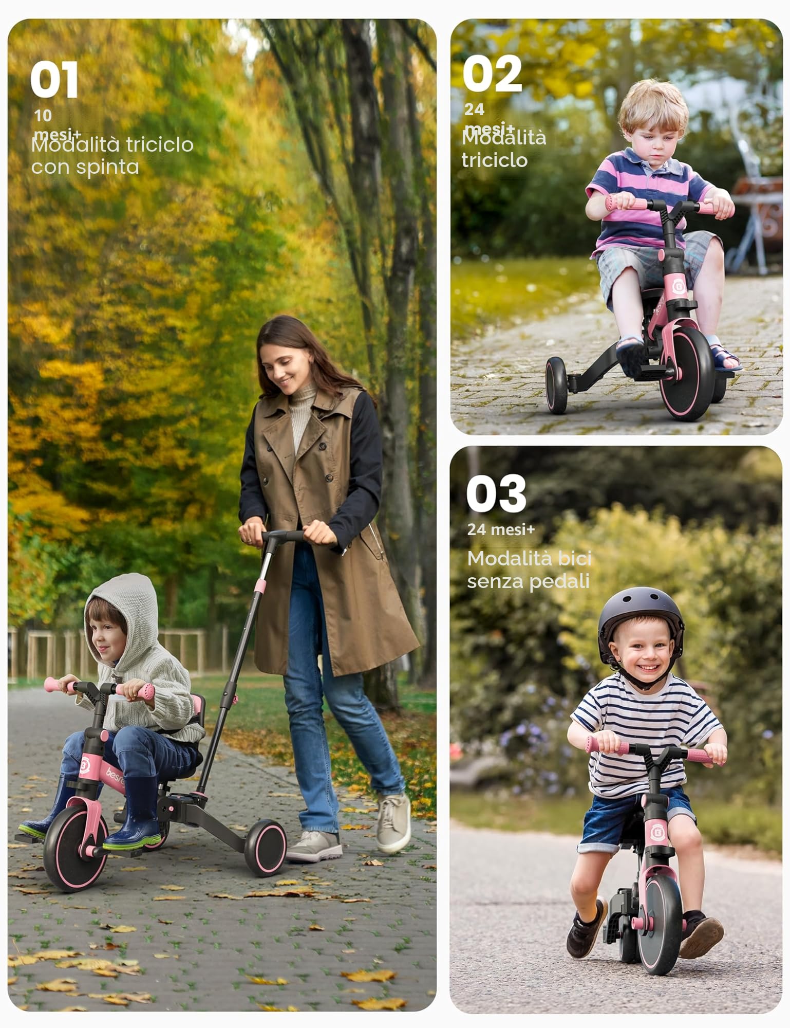 besrey Triciclo per Bambini 4 in 1, Bici senza Pedali per bambine e bambini da 1 a 3 anni, Triciclo con Maniglia di Spinta, Schienale e Cintura di Sicurezza, Rosa