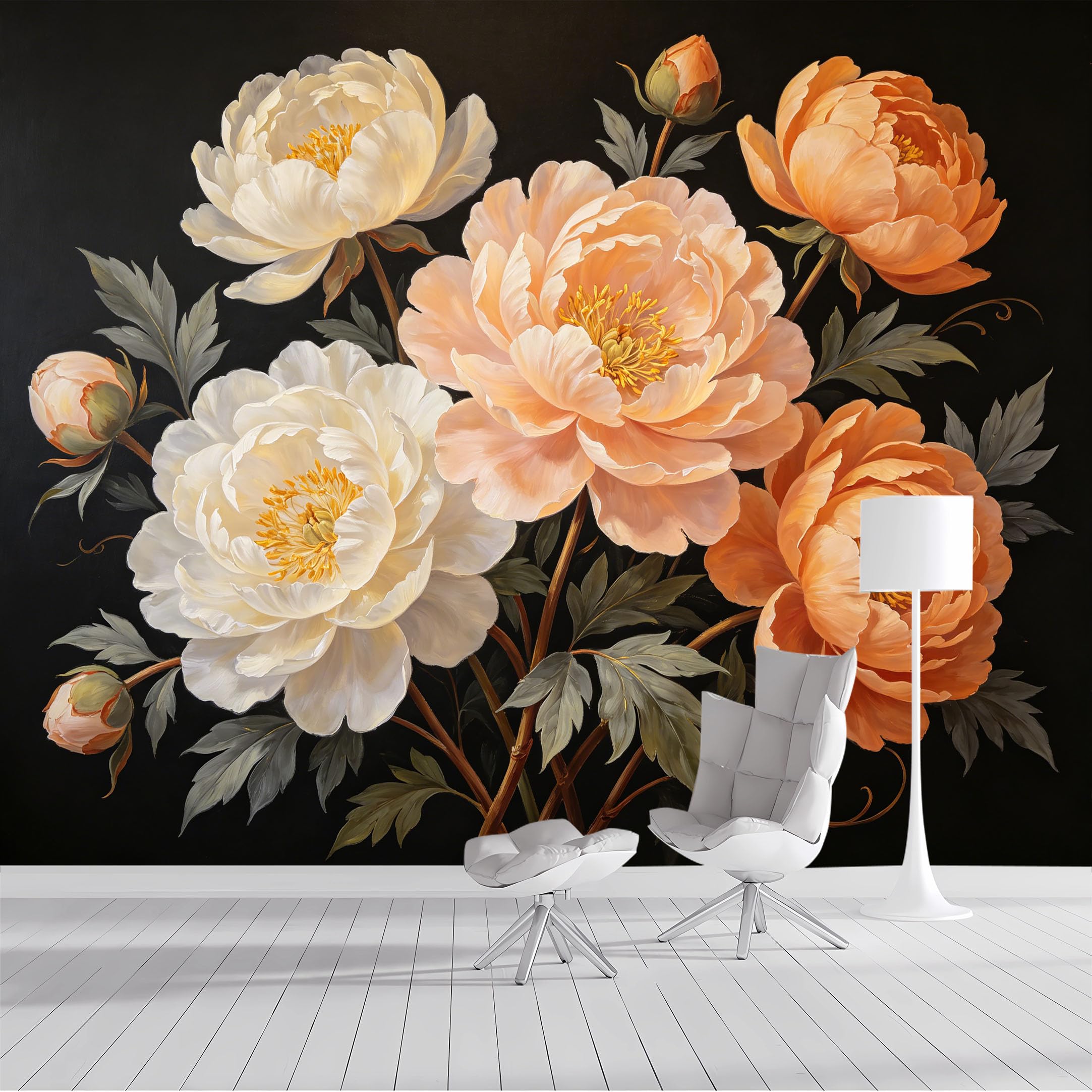 Custom Size Wall Mural Elegant Peony Floral Botanical Oil Painting SelfAdhesive Wall Fabric Removable Peel and Stick Wallpaper Wall Decor for Living Room Bedroom Bathroom