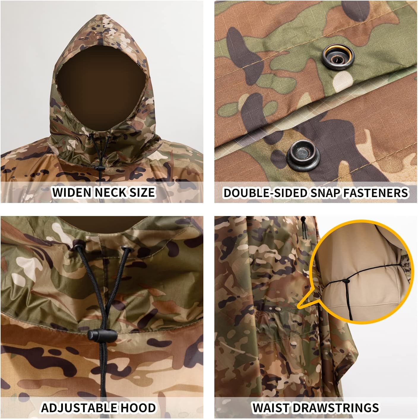 GRVCN Military Rain Poncho, Camouflage Raincoat Outdoor Waterproof Lightweight - Image 2