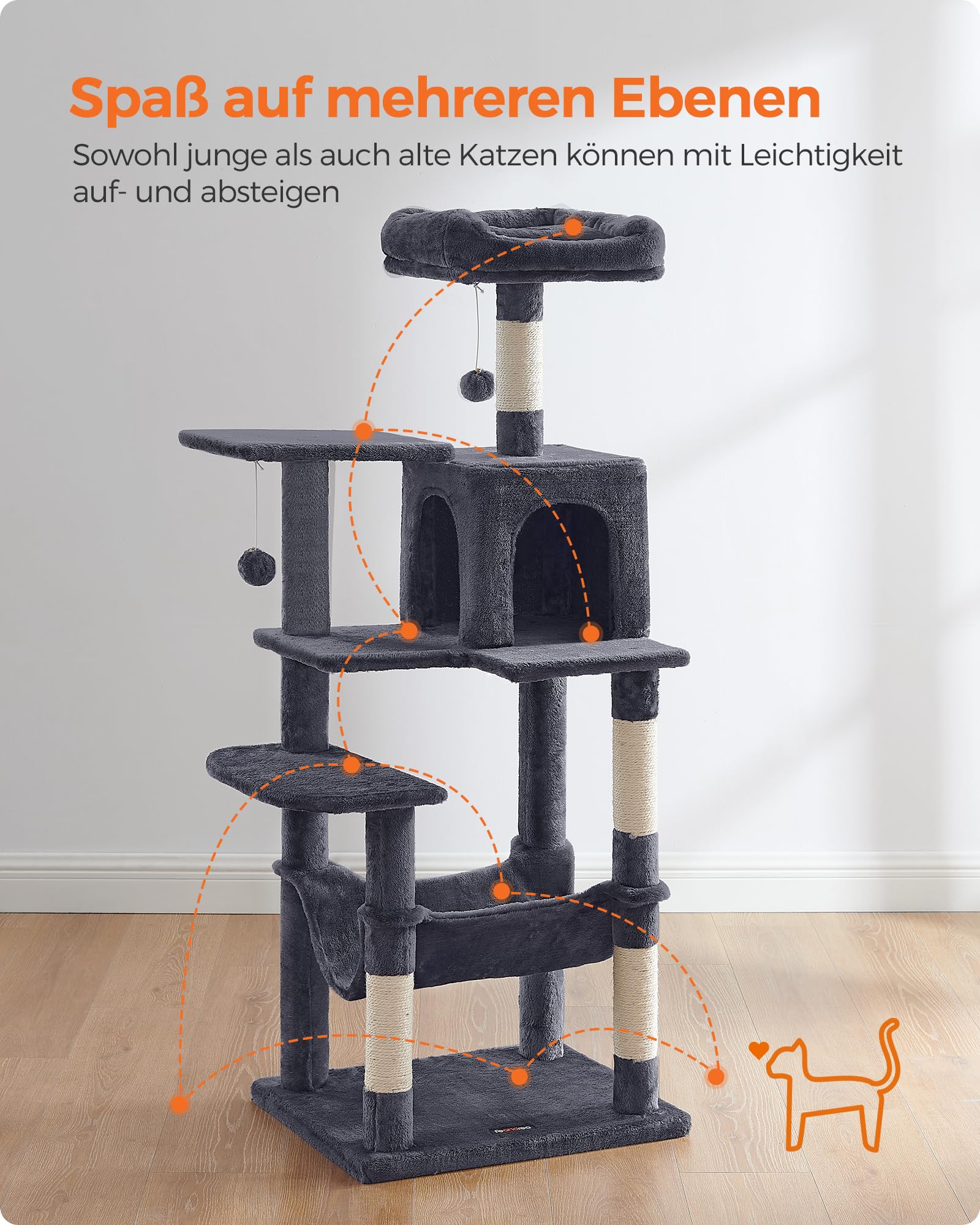 Feandrea Kratzbaum, 143 cm hoch, Katzenbaum, mehrstöckiges Katzenhaus, mit 4 Kratzsäulen, 2 Plattformen, Hängematte, Höhle, rauchgrau PCT161G01