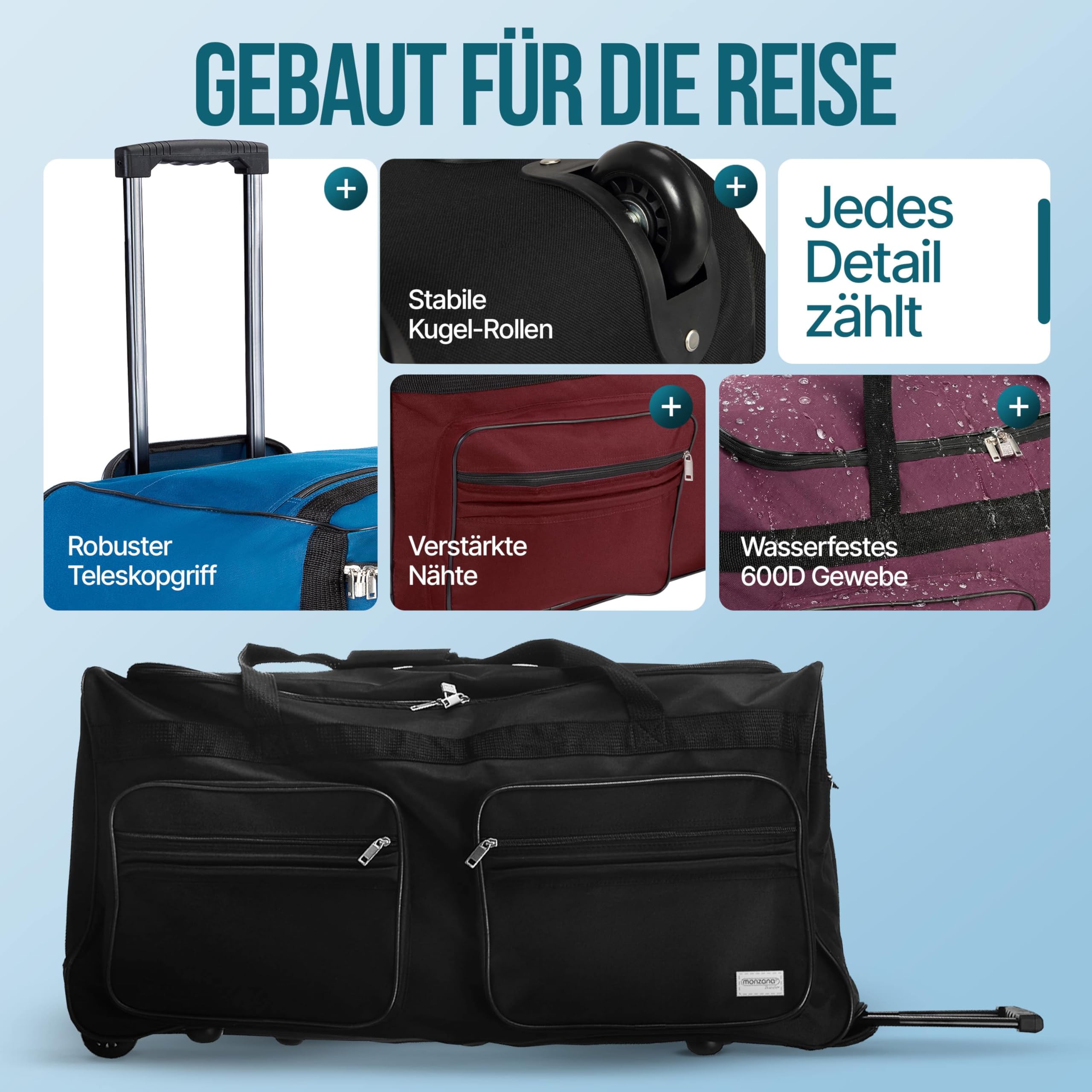 MONZANA® Sac de Voyage Trolley 160L 85x43x44cm Roulettes Poignée télescopique Grand Bagage Souple