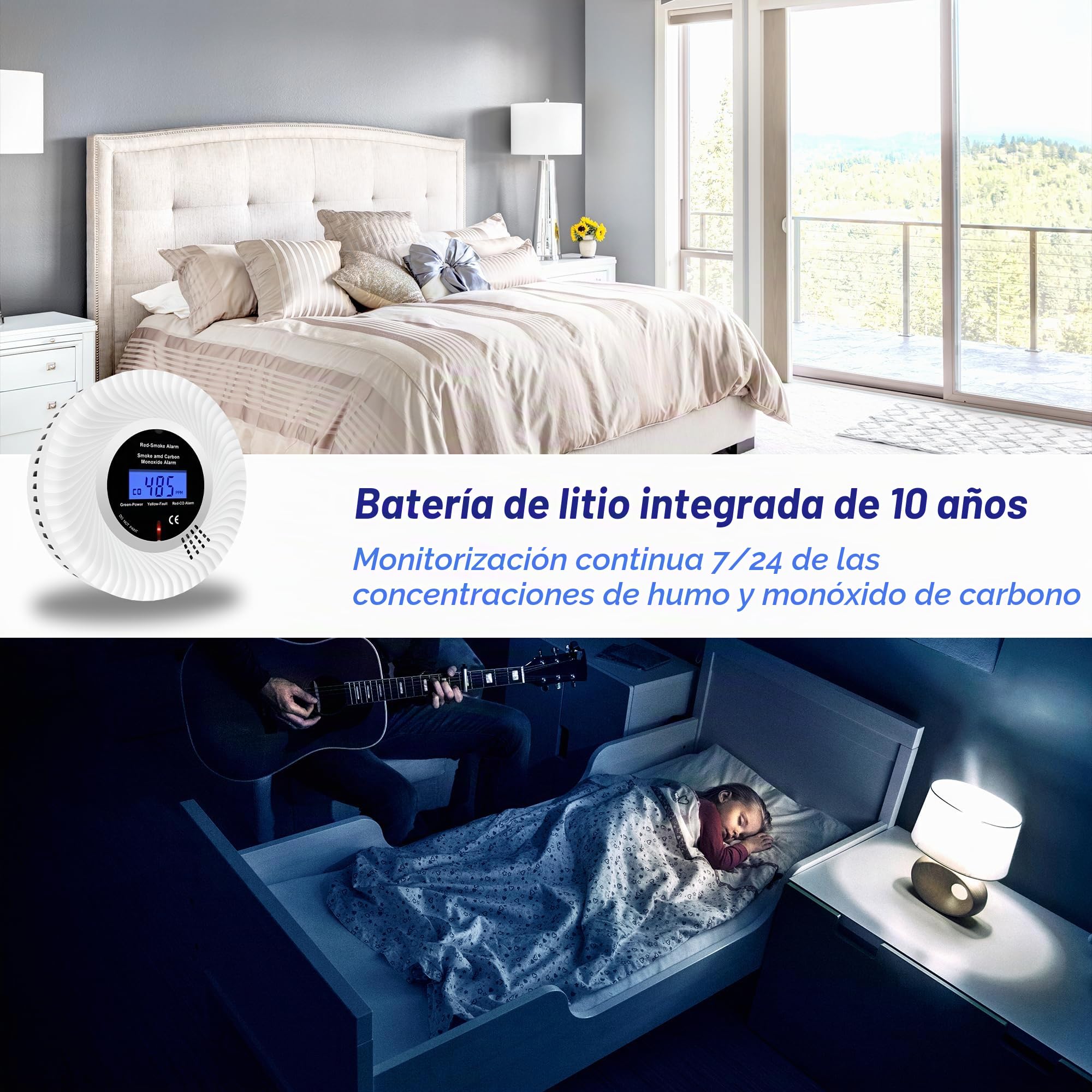Detector de Humo y monóxido de Carbono Scondaor con Pantalla LCD y batería de 10 años, alarmas de Humo para el hogar, Detector de Humo y CO con botón de Prueba/Silencio, 1 Pieza