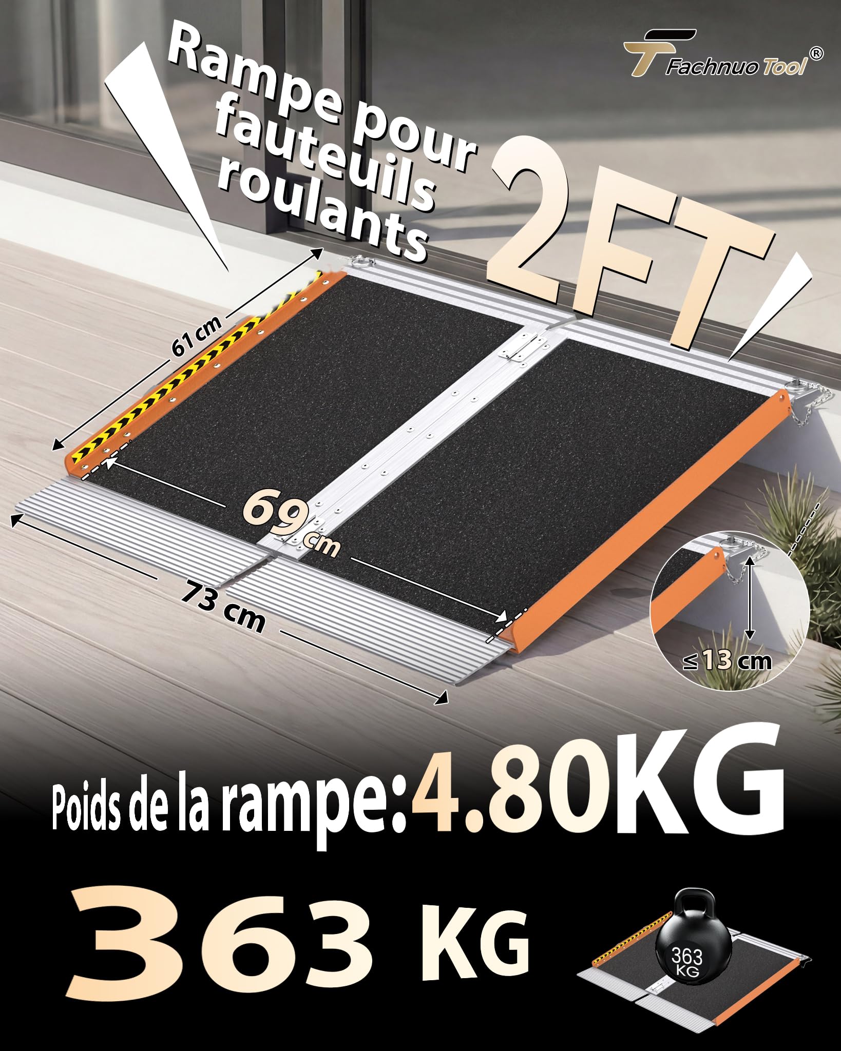FACHNUO 2 pieds Rampe pour fauteuil roulant pour les marches à domicile, Rampe de seuil pliable portable pour les portes avec fond auto-ajustable, Rampe handicapée en aluminium antidérapant avec