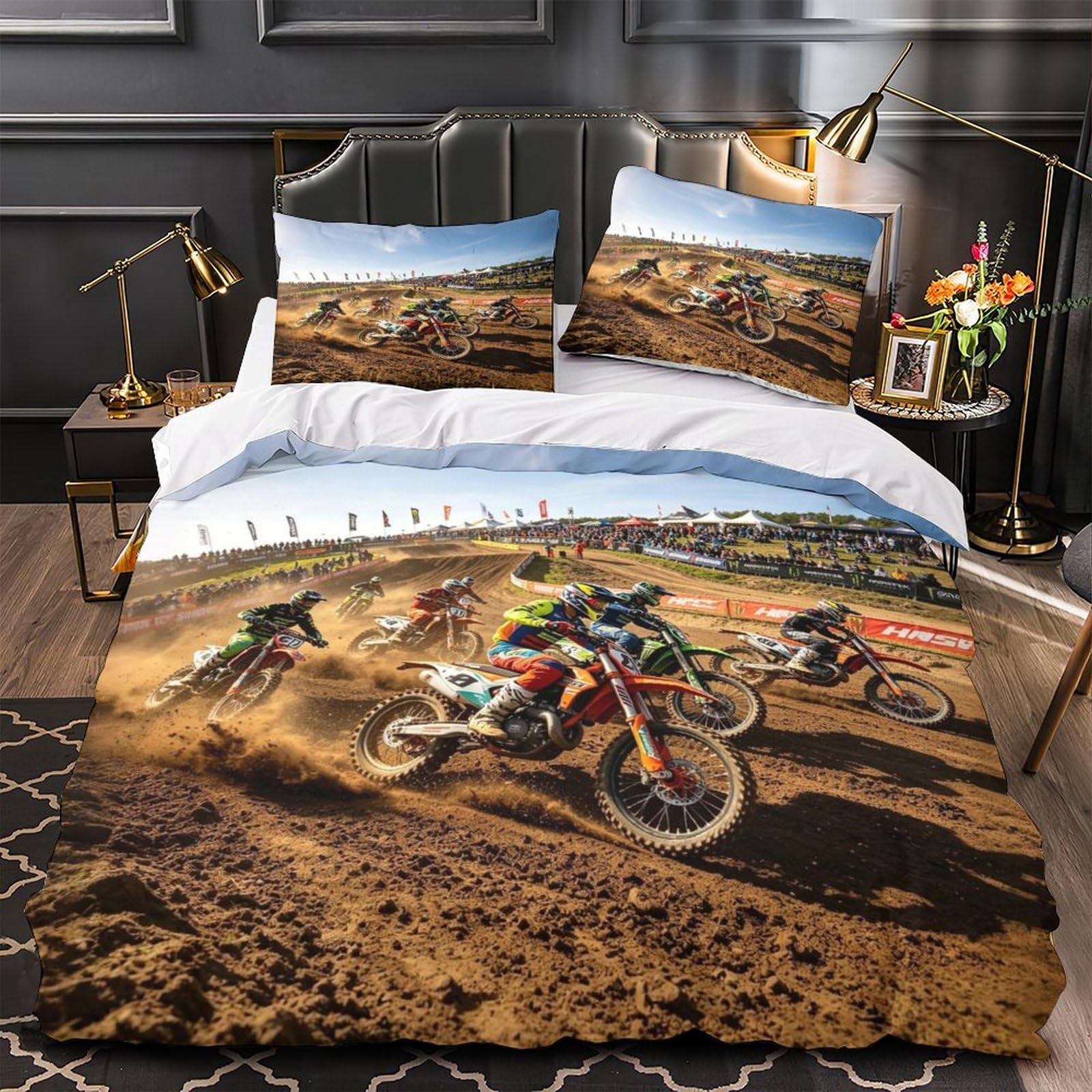 XiaopangXY Dirt Bike Duvet Cover Single（140x200cm）, Motorcycle Race Bedding Set Soft & Cozy Percale Weave, Motorcycle Race Comforter Cover with Zipper Closure for Boy & Girl & Adults