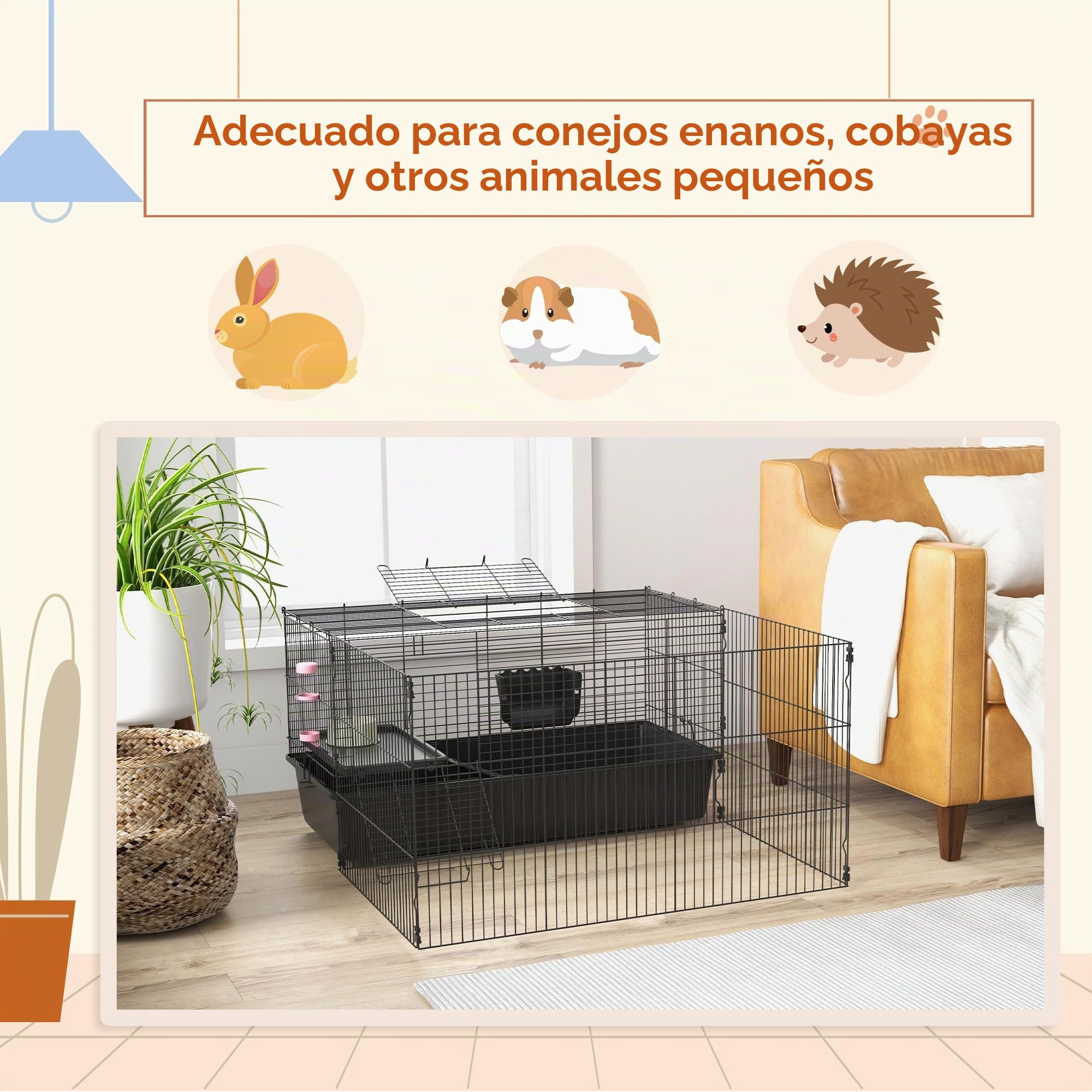 PawHut 99 cm Jaula para Animales pequeños con corralito, Jaula para Animales pequeños con Bebedero, comedero, Jaula para roedores con comedero, Jaula para cobayas para Animales pequeños Acero Negro | Jaula para roedores con botella de agua, comedero, come