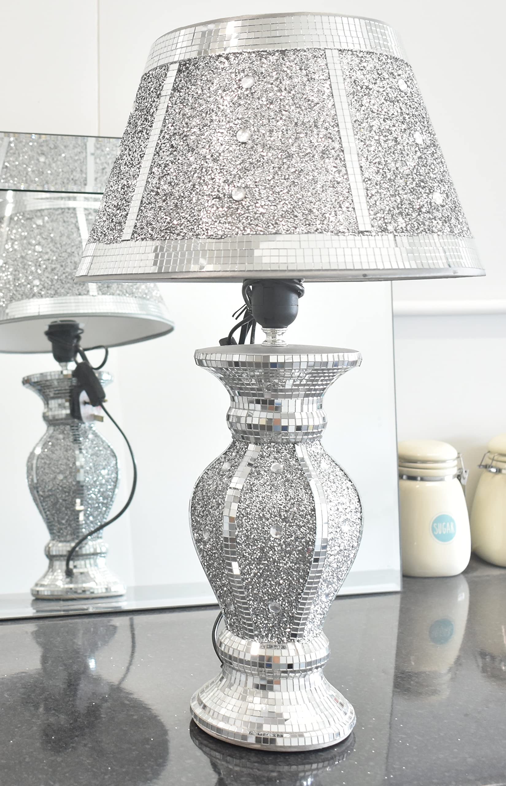 DEENZ Silver Glitter Crushed Diamond Table with Lamp Shade Ornament Home Gift Diamante