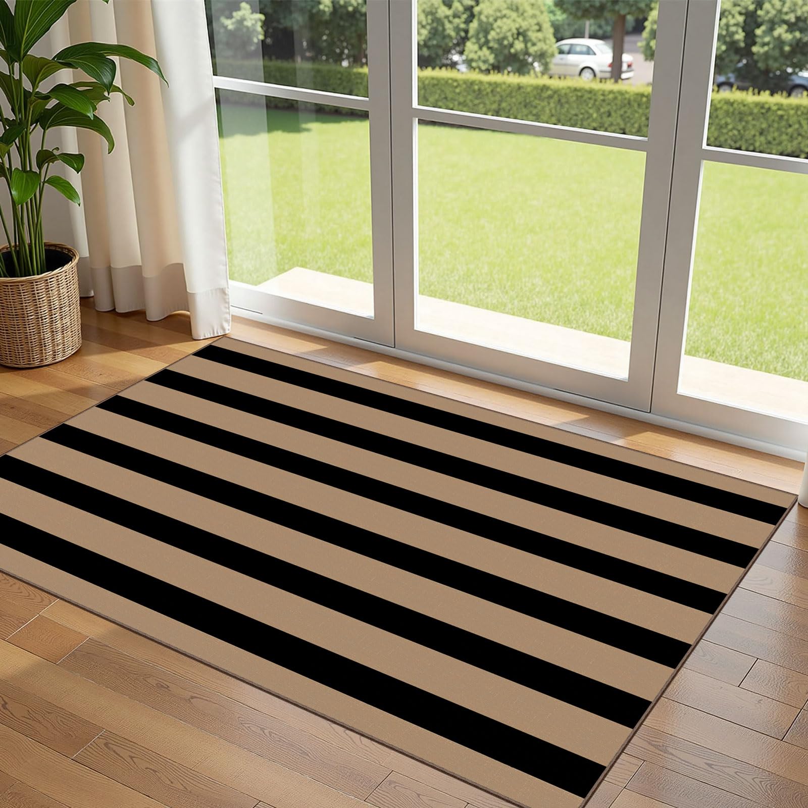 Othilic Black Tan Striped Entry Rug - 3x5 Ft Washable Indoor Outdoor Front Door Mat Outside Entrance Front Porch Mat Non-Slip Floor Carpet for Living Room Bedroom Entryway Kitchen Office Porch Decor