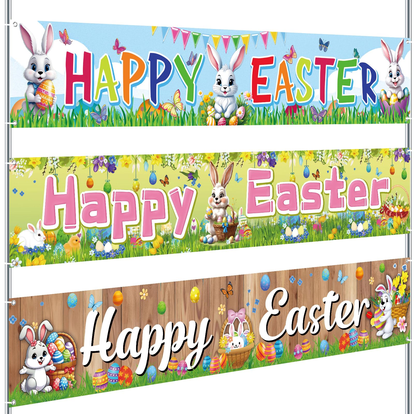 Remagr 3 Pcs Happy Easter Banners for Outside Garden 98 x 18 Inch Large Long Spring Bunny Banner Egg Hunt Decorations Butterfly Flower for Indoor Easters Theme Party Rustic Lawn Sign