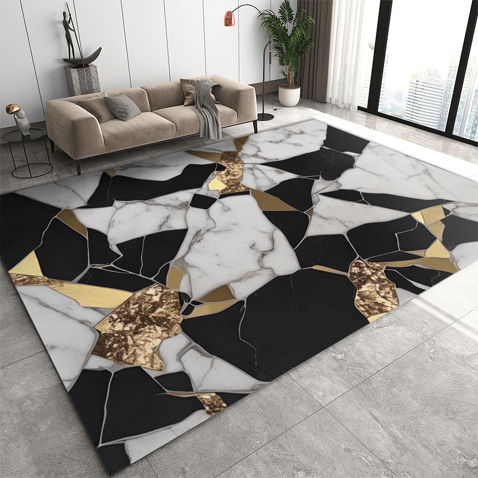 Tapis marbre blanc lavable en machine avec peluche douce dorée