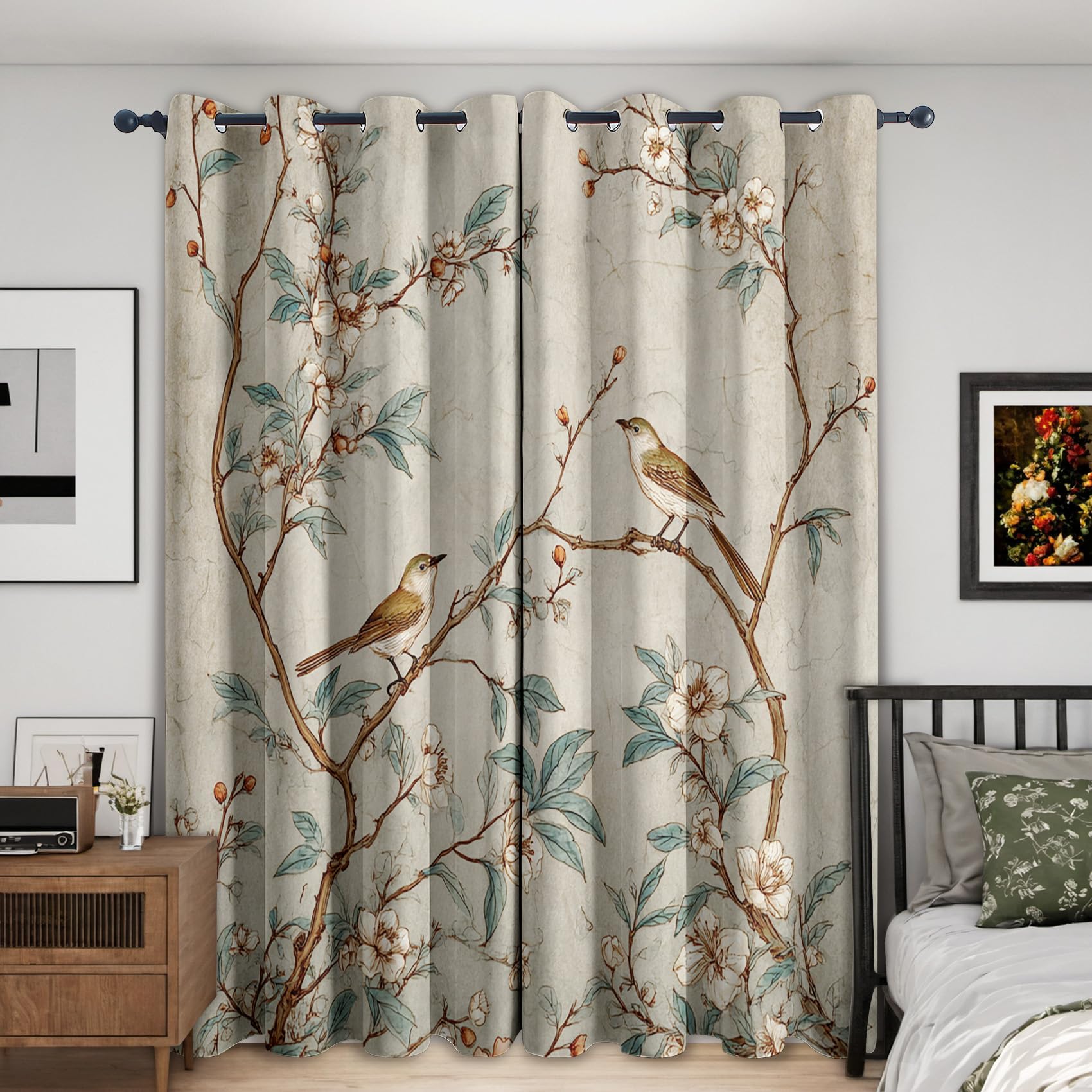Rideaux Occultant Fleurs Oiseaux, Rideau Isolant Thermique pour Salon Chambre, Motif Branche d'arbre, Lot de 2 Décoration de Fenêtre Opaque 140x200cm LxH, à Oeillets