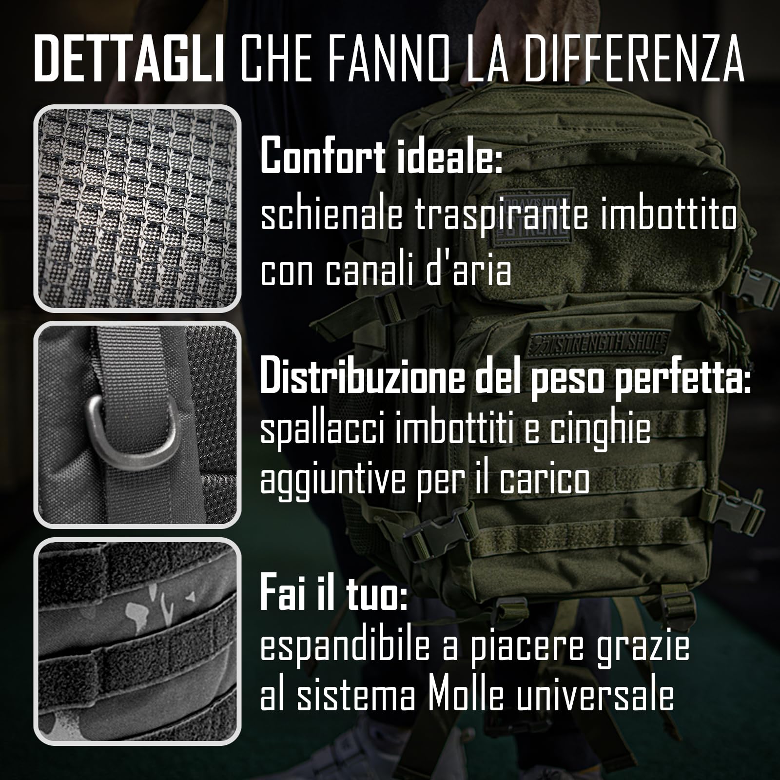 Strength Shop Zaino Militare con sistema Molle integrato, 45L, zaino crossfit con schienale imbottito & tasconetto per borracce, zaino tattico militare per attività outdoor.