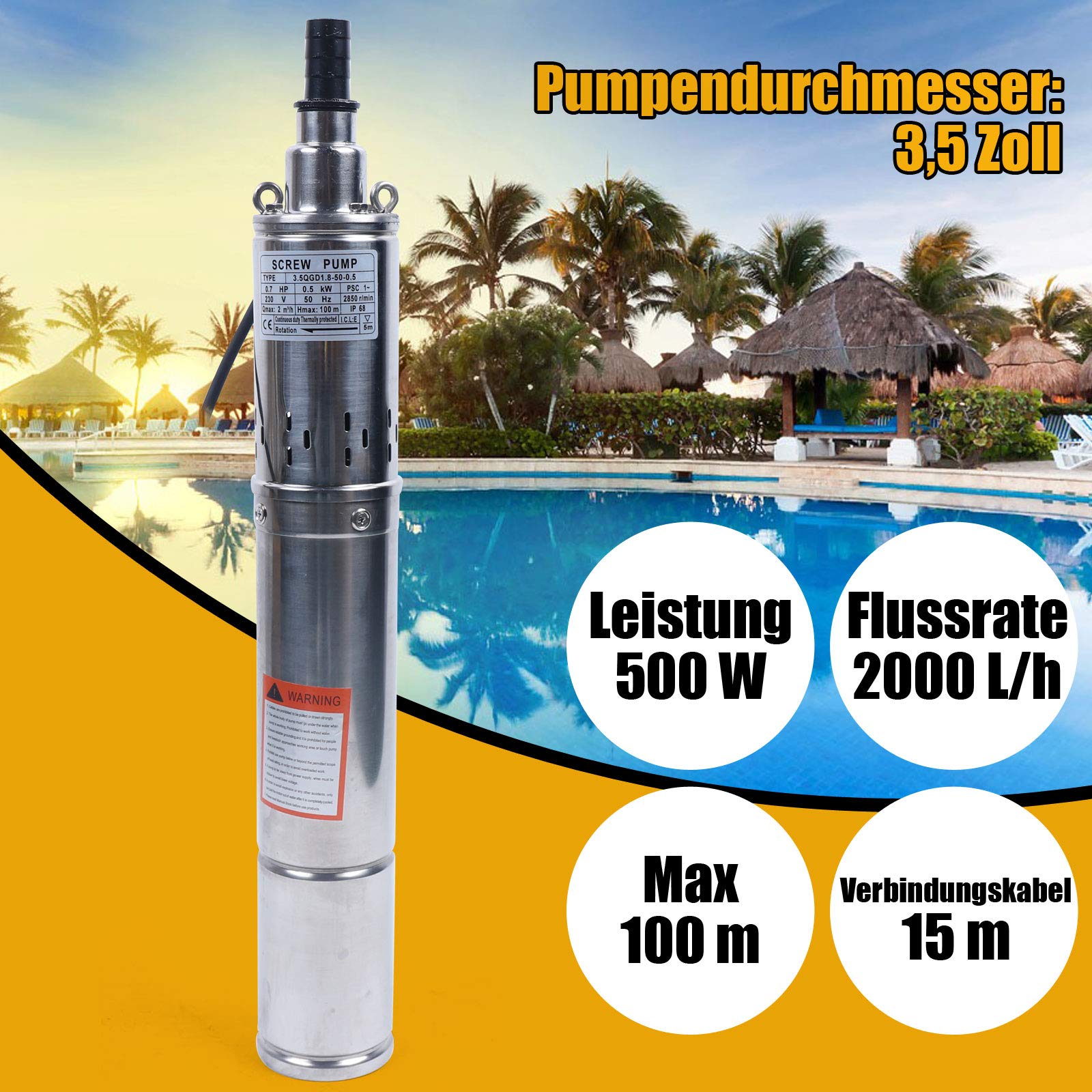 Bomba para pozos profundos, sumergible, acero inoxidable, 3,5 pulgadas, 500 W, caudal de 2 m³/439,94 gal/h, altura máxima de extracción 100 m/328,08 pies para riego agrícola paisajismo con cable de 15