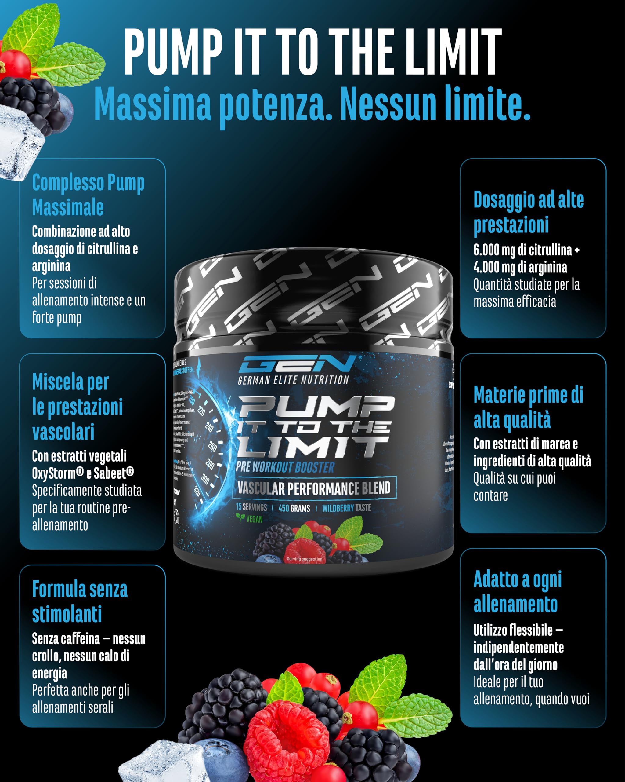 Pump it to the Limit - Pump Booster Senza Caffeina - Con OxyStorm®, Sabeet®, AstraGin®, Citrullina Malato e AAKG - Pre Workout Senza Stimolanti per il Massimo Pump - 450 g Wildberry