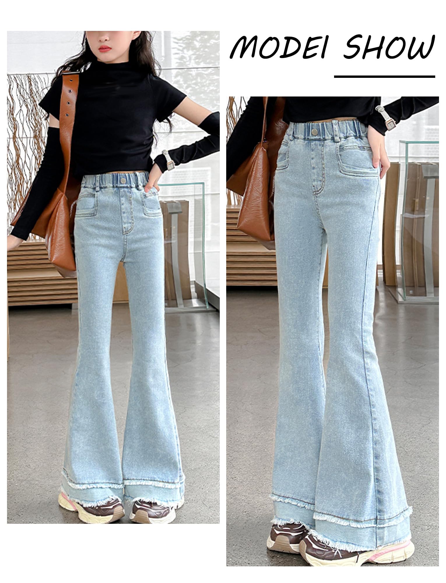 SEAUR Pantalones vaqueros para niña, cintura alta, ajustados, elásticos, con cintura elástica, pantalones acampanados únicos y elegantes, 120 – 170 = (EU 110-164)