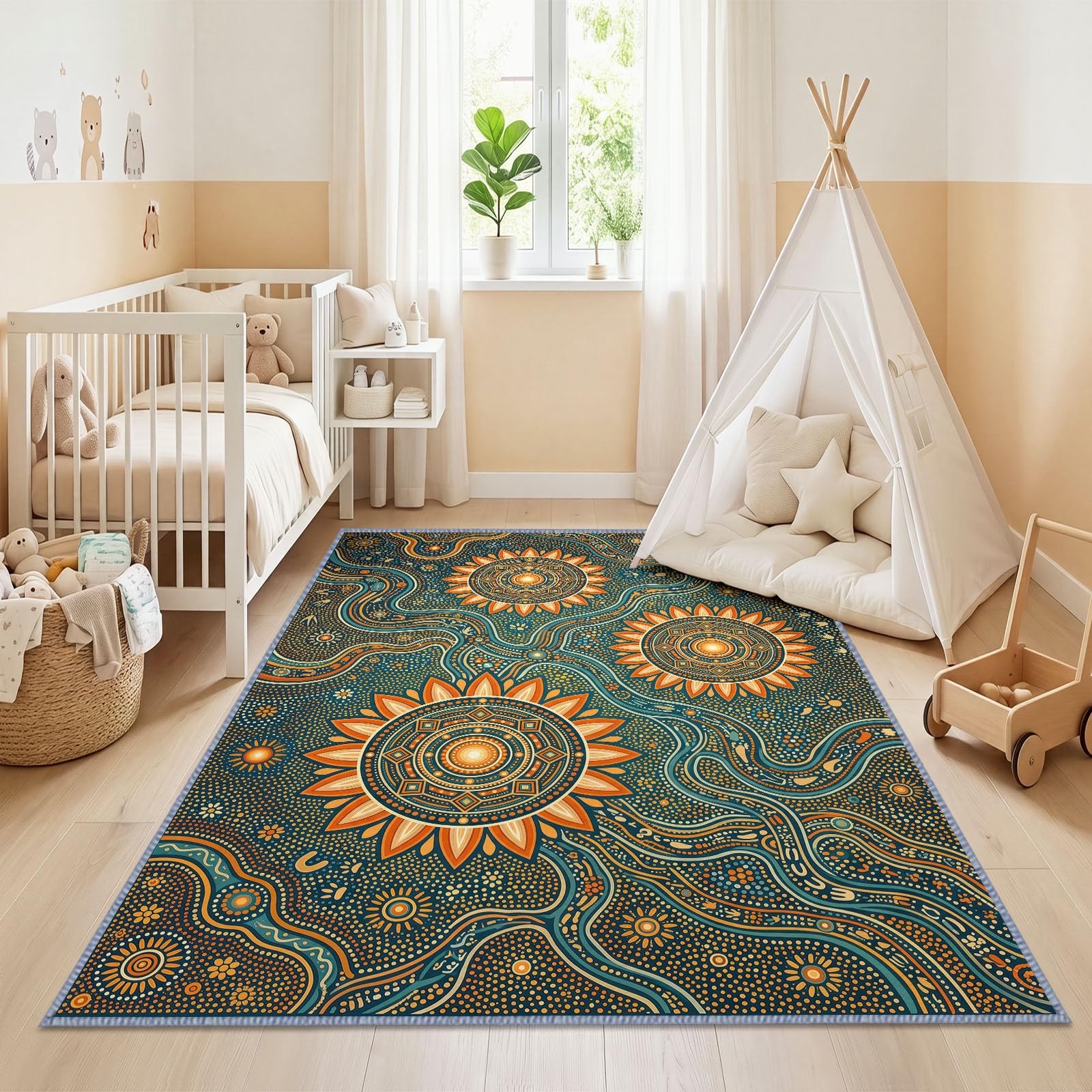 Générique Lavable en Machine Tapis Salon 140x200 cm, Soleil Symbole Antidérapant à Poil Ras Tapis, Ethnique Bohème Tribal Exotique Écologique pour Salle à Manger Couloir Chambre Bureau