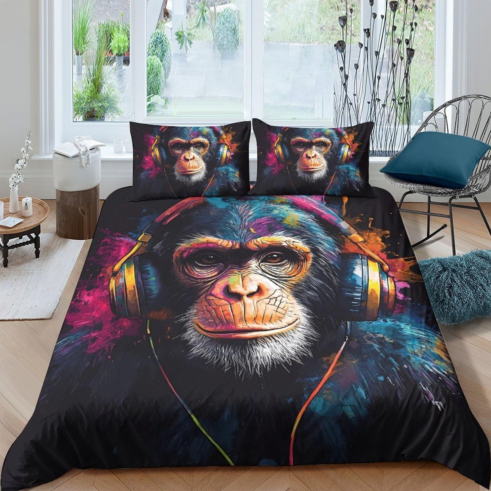 GPLZQXKJNH 3D Printed Headphone Monkey Duvet Cover Microfiber Soft Breathable Graffiti Bedding Set with 2 Pillowcases for Bedroom Decor Single（135x200cm）