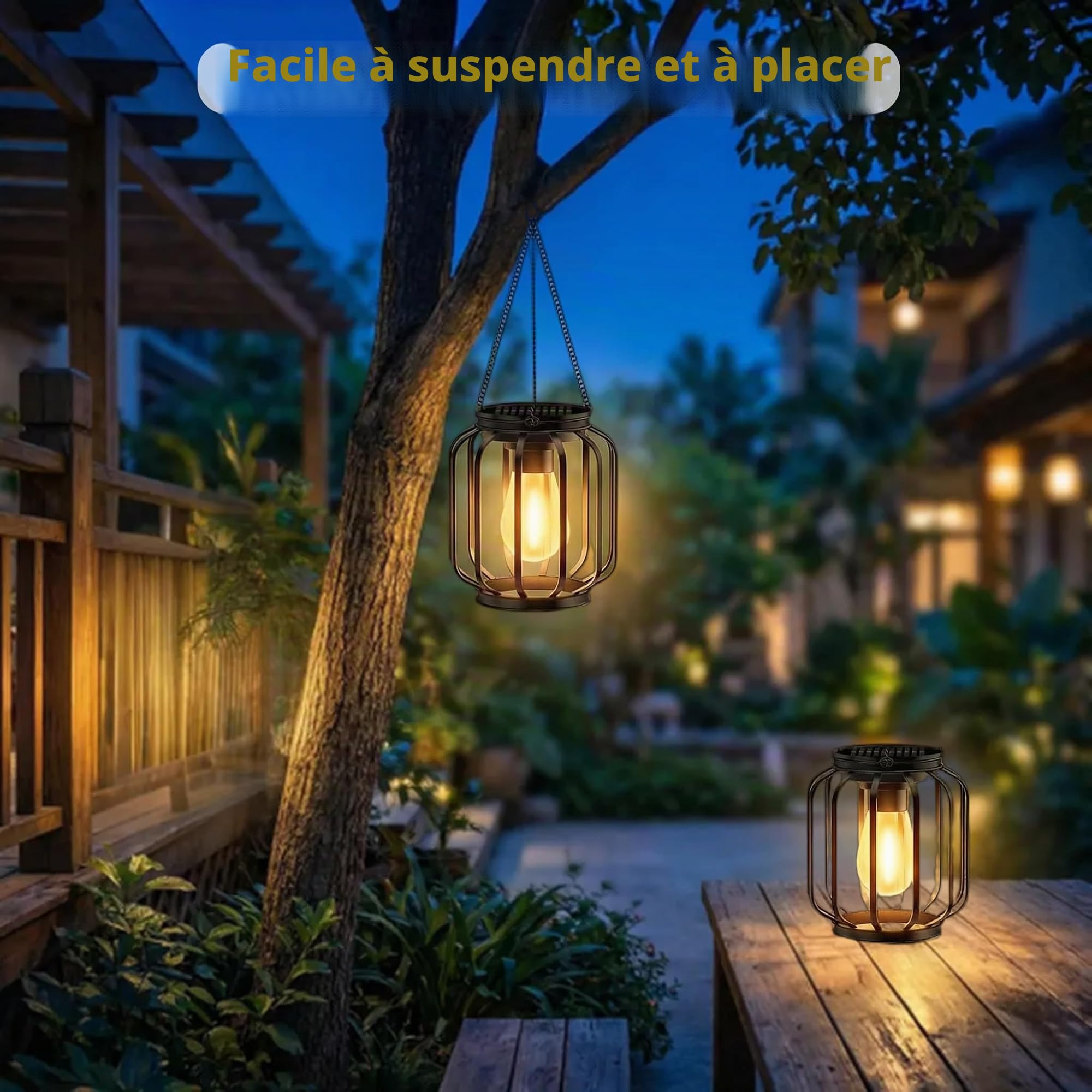 Lanterne Solaire Exterieur Jardin 2 Pièces Suspension Métal IP65 Étanche avec Crochets Chaînes