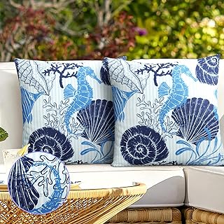 CURRAMET Pack of 2 Waterproof Throw Pillow Covers 18 x 18 Decorative Outdoor Pillows Cover Blue Ocean Coastal Square Cushion Case for Patio Furniture Garden Balcony Couch