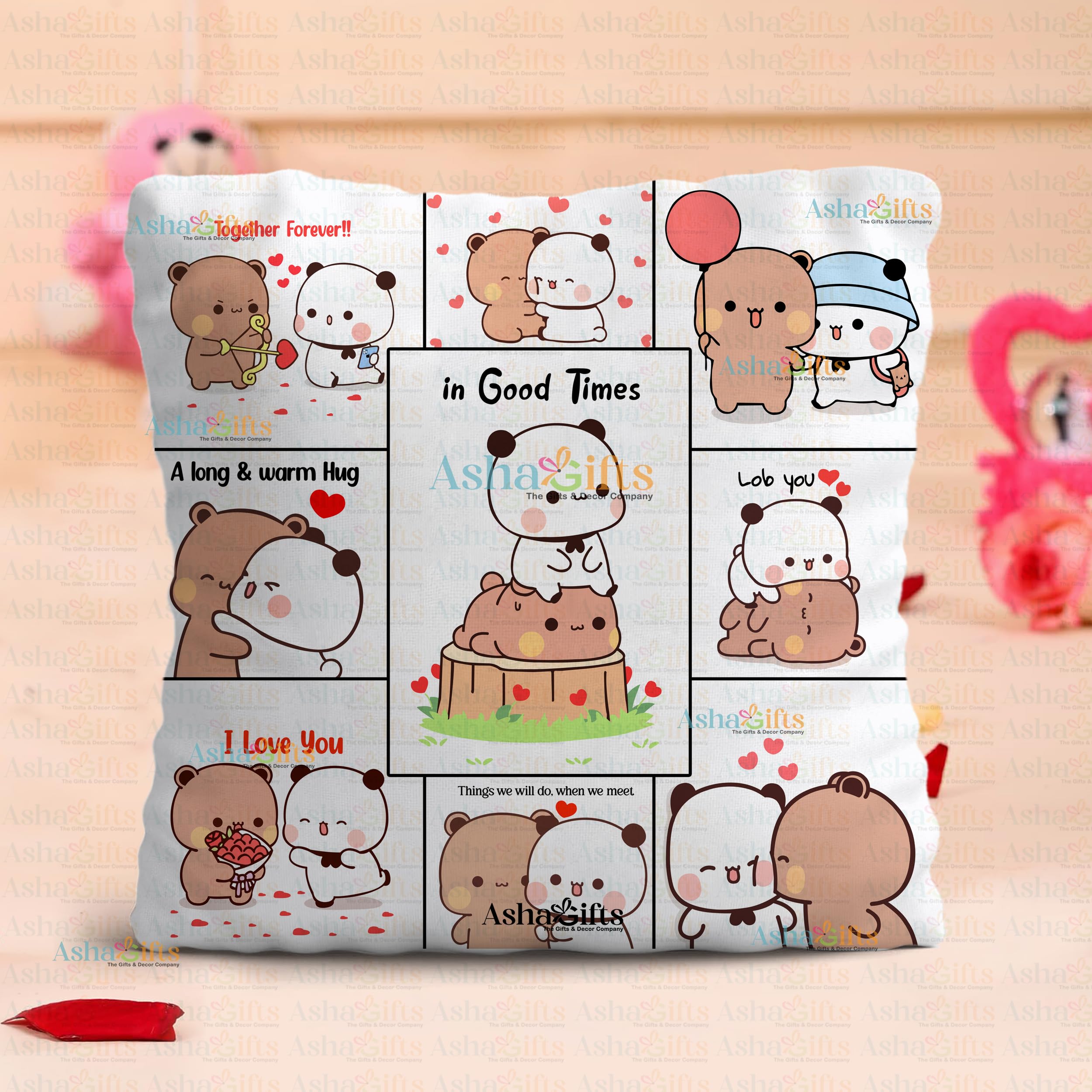 Dudu Bubu Cushion Love Gift for Birthday with Cushion, Water Bottle 750 ML, Keychain and Card,Design ATCKS-9 1