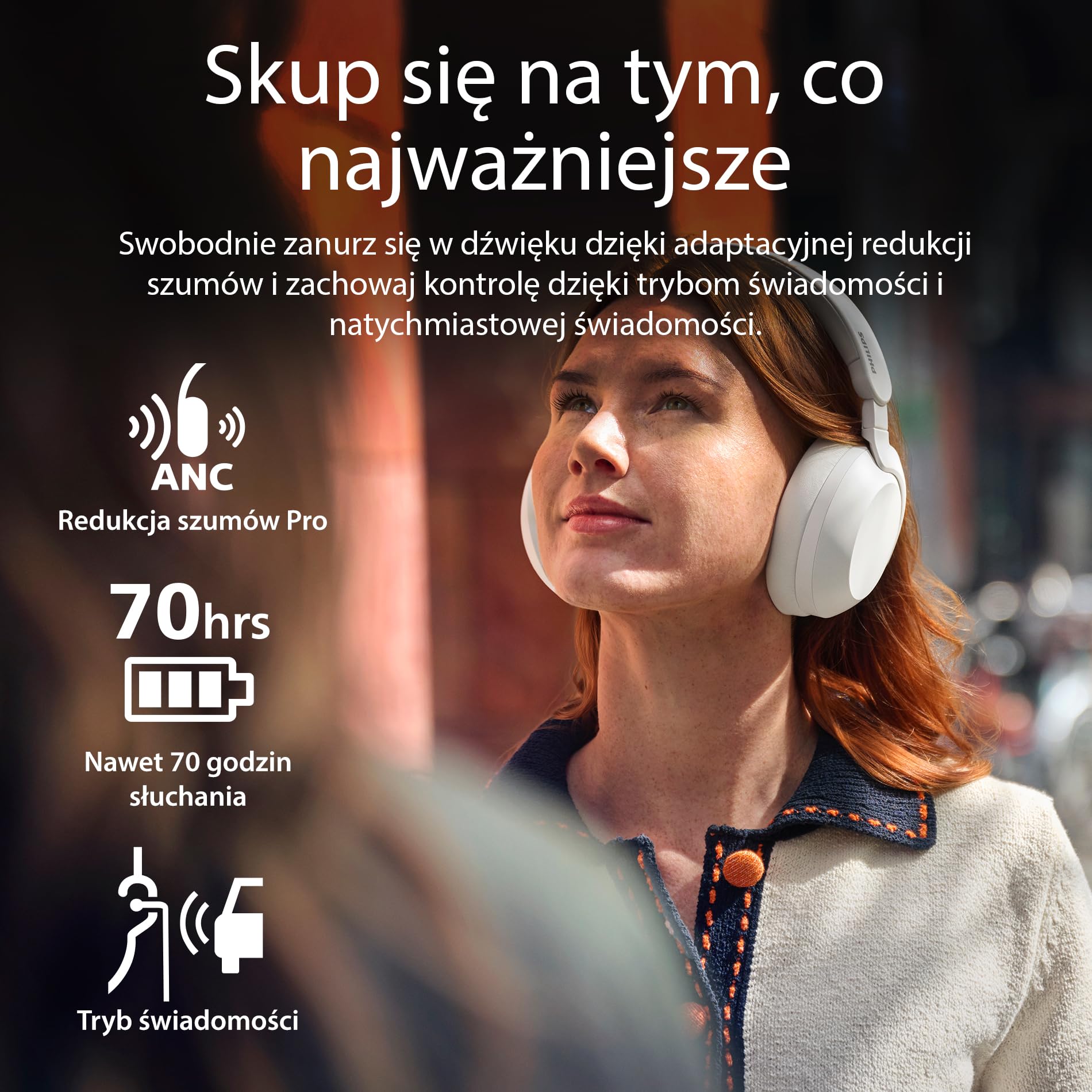 Philips TAH8000EBK/00 Bezprzewodowe słuchawki nauszne Bluetooth, redukcja szumów, czas odtwarzania 70 godzin, kompatybilne z asystentem głosowym, idealne do podróży, czarne