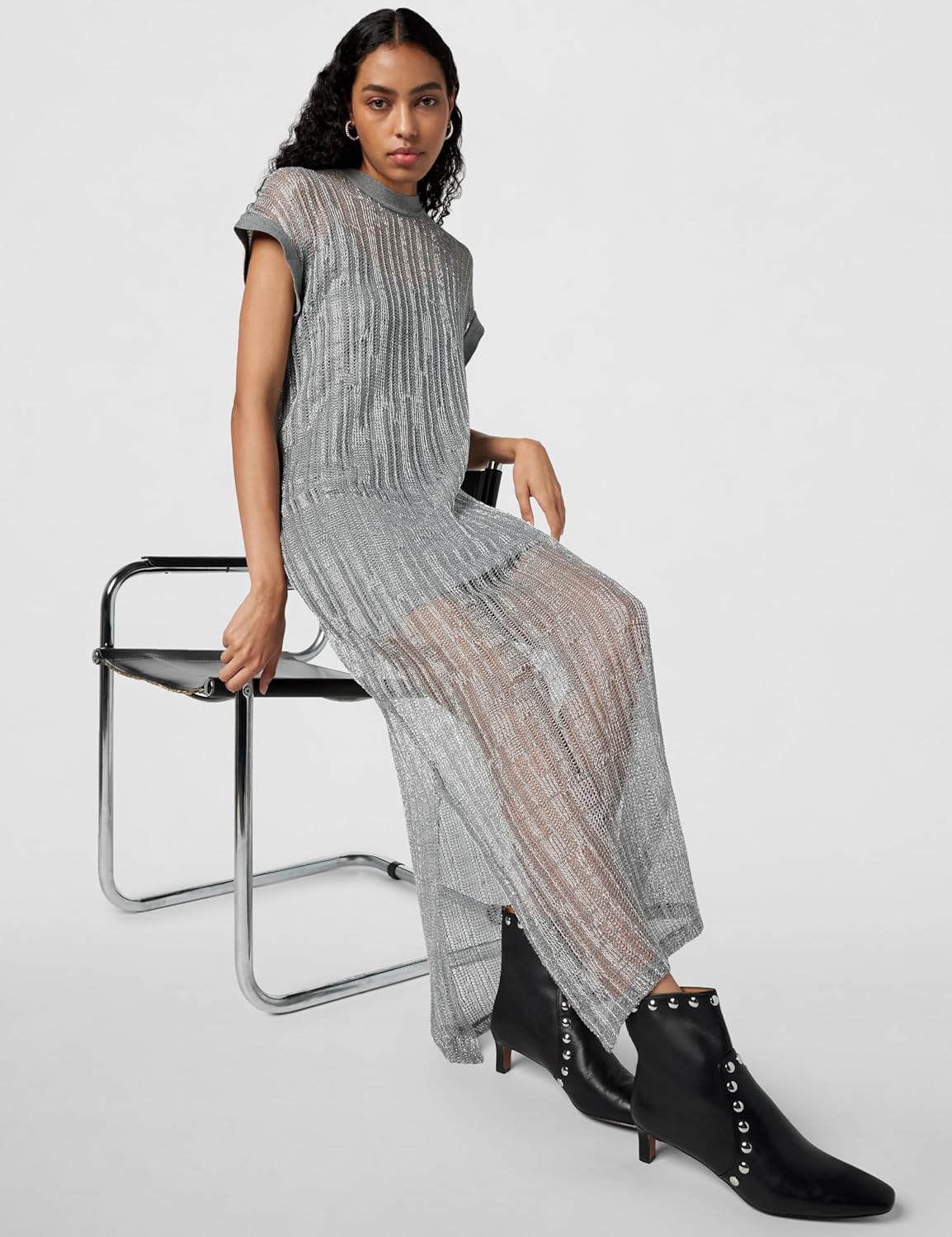 Allsaints Womens Giana Metallic Open Stitch Midi Dress - Image 2