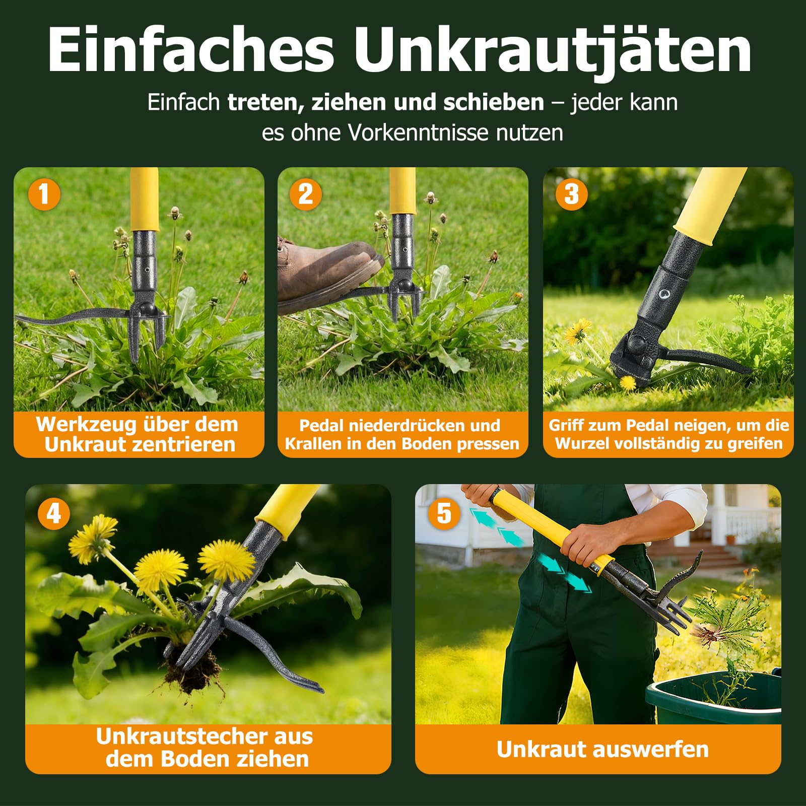 Unkrautstecher mit langem Stiel und Auswurfmechanismus – Stand-Up Unkrautentferner mit verstärktem Stahl und 3-teiligem Holzgriff – Schonendes und effektives Gartengerät für Löwenzahn und Disteln