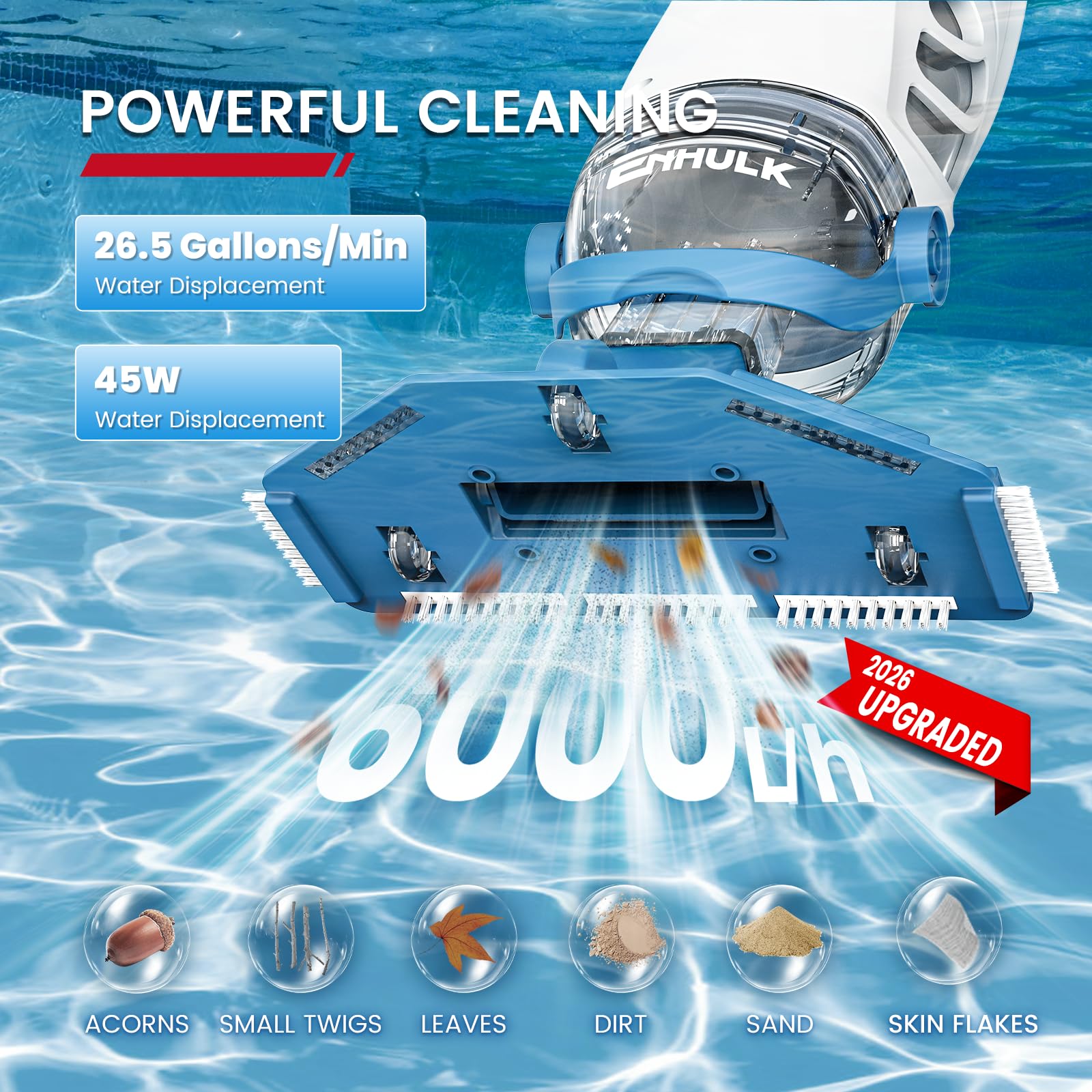 Aspirateur de piscine PC68 Pro, aspiration améliorée de 26,5 GPM, perche d'extension extra longue de 2,7 m, 4 filtres, autonomie de 1 h, nettoyeur de piscine portatif sans fil pour piscines hors sol