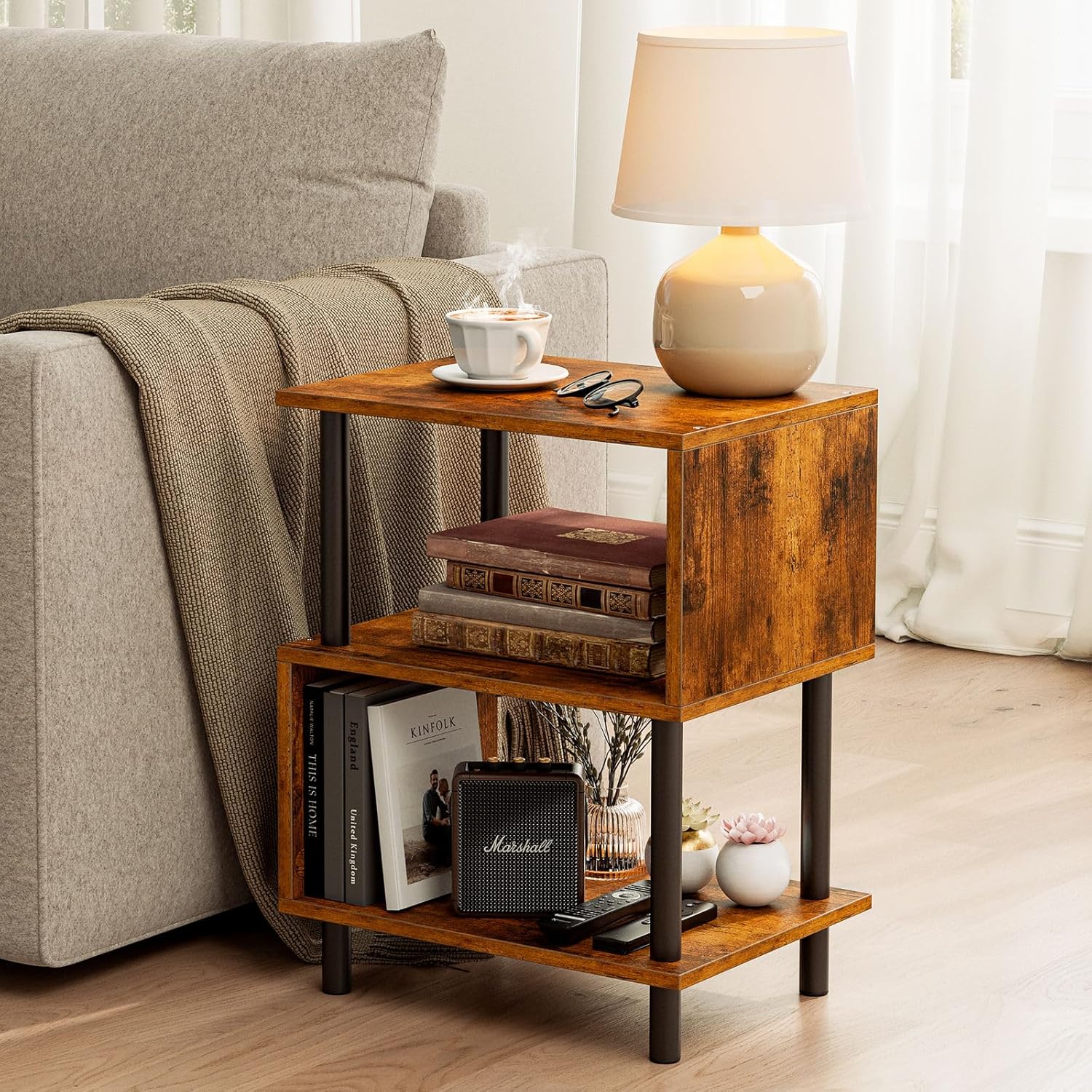 Frylr Small Side Table, End Table and Nightstand with 3-Tier Wood Shelves, Sturdy Metal Frame with 44 LBS Capacity per Shelf, Easy to Assemble for Living Room or Bedroom,Rustic Brown
