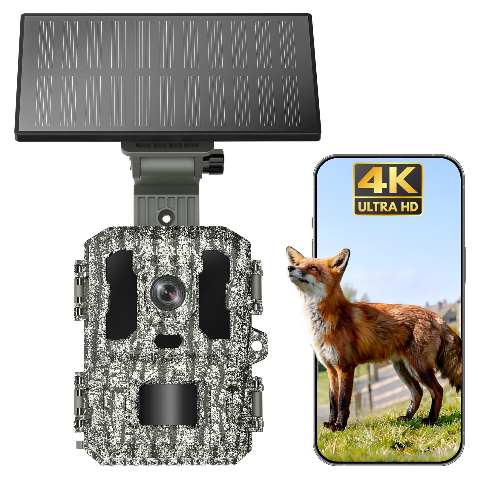 Misstech 4K 64MP UHD Solar Wildkamera mit Handyübertragung App, Klare Nachtsicht, Solar-autark, 0,1s Bewegungsmelder, Ohne ABO, Lokal Gespeichert, Datensicher, IP66 für Garten & Naturschutz