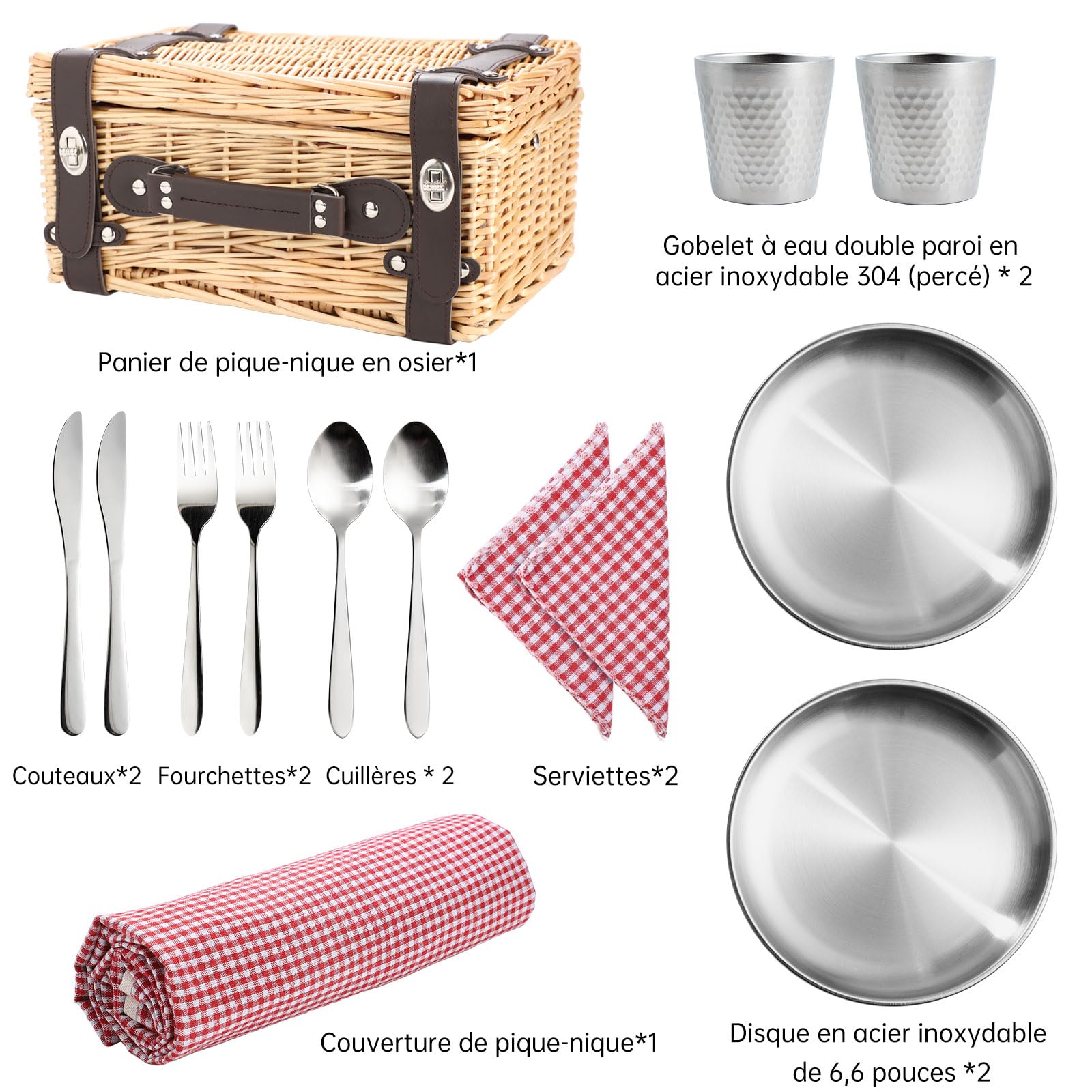 Panier de Pique-Nique pour 2 Personnes, Panier en Osier avec Couverture Imperméable et Service de Couverts (Osier Clair - Rouge)
