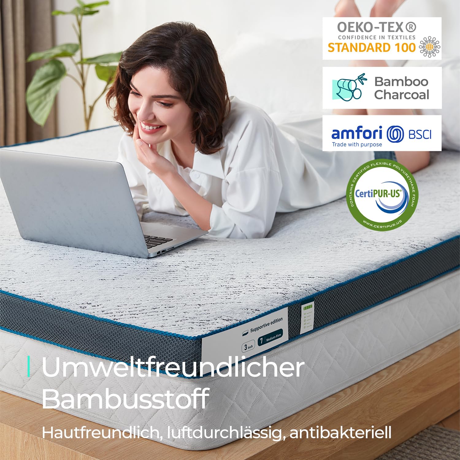 LINSY HOME Nakładka na materac żelowa, 160 x 200 cm, wysokość 7,5 cm, nakładka na materac z pianki z pamięcią kształtu, twardość H4/H5, z nadającą się do prania materiałem bambusowym