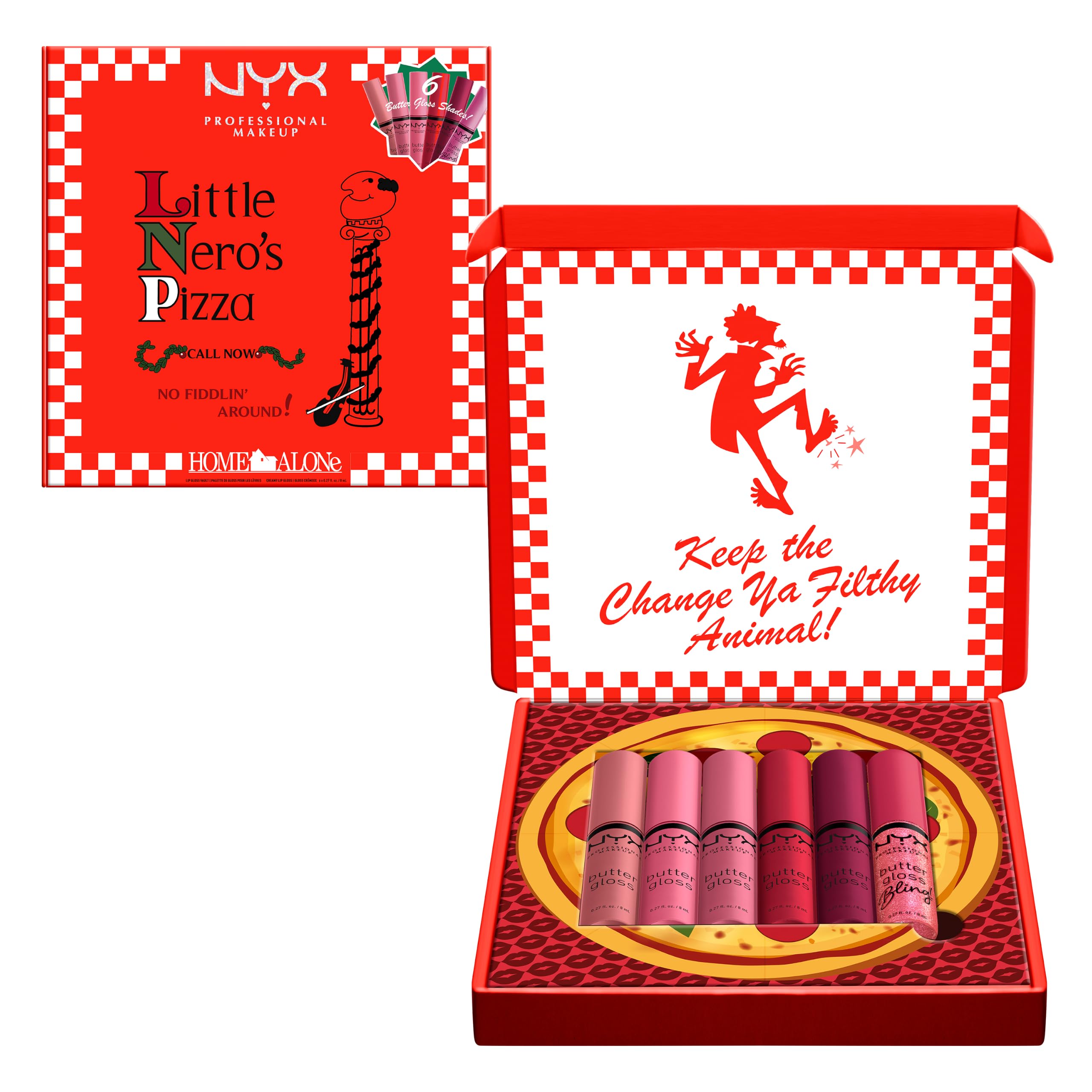 NYX Professional Makeup Home Alone Lipglosse in Pizzaschachtel, Mit glänzendem Finish und nicht klebriger Formel, Butter Gloss Pizza Vault, 6 Stück, 5 Pink-/Rottöne und Butter Gloss Bling