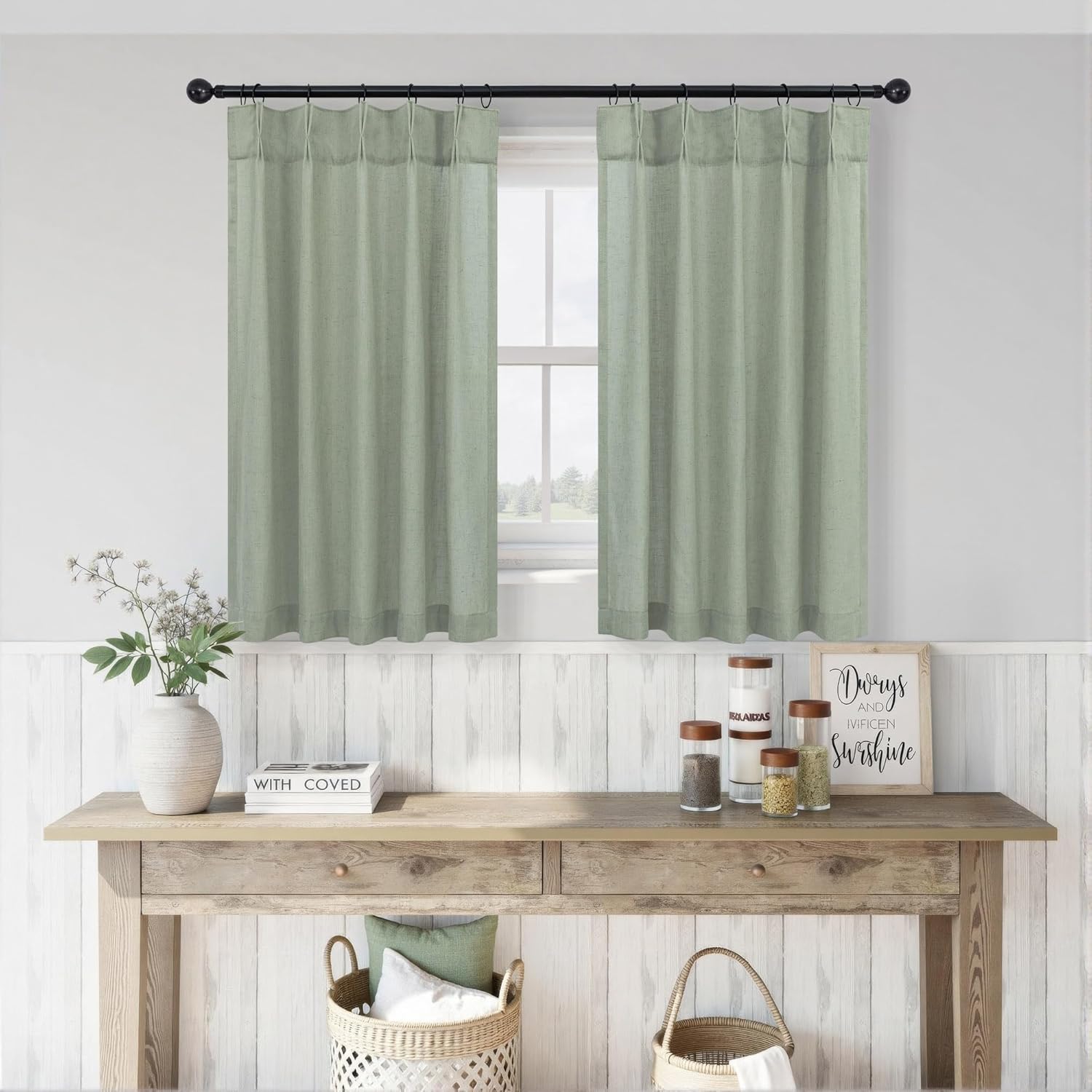 sage green kitchen short pleated curtains 24 inch length 2 panels pinch pleat back tab linen textured tier curtain light green semi sheer light filtering curtain for cafe bathroom small window 36wx24l 36"w x 24"l (pack of 2) sage green