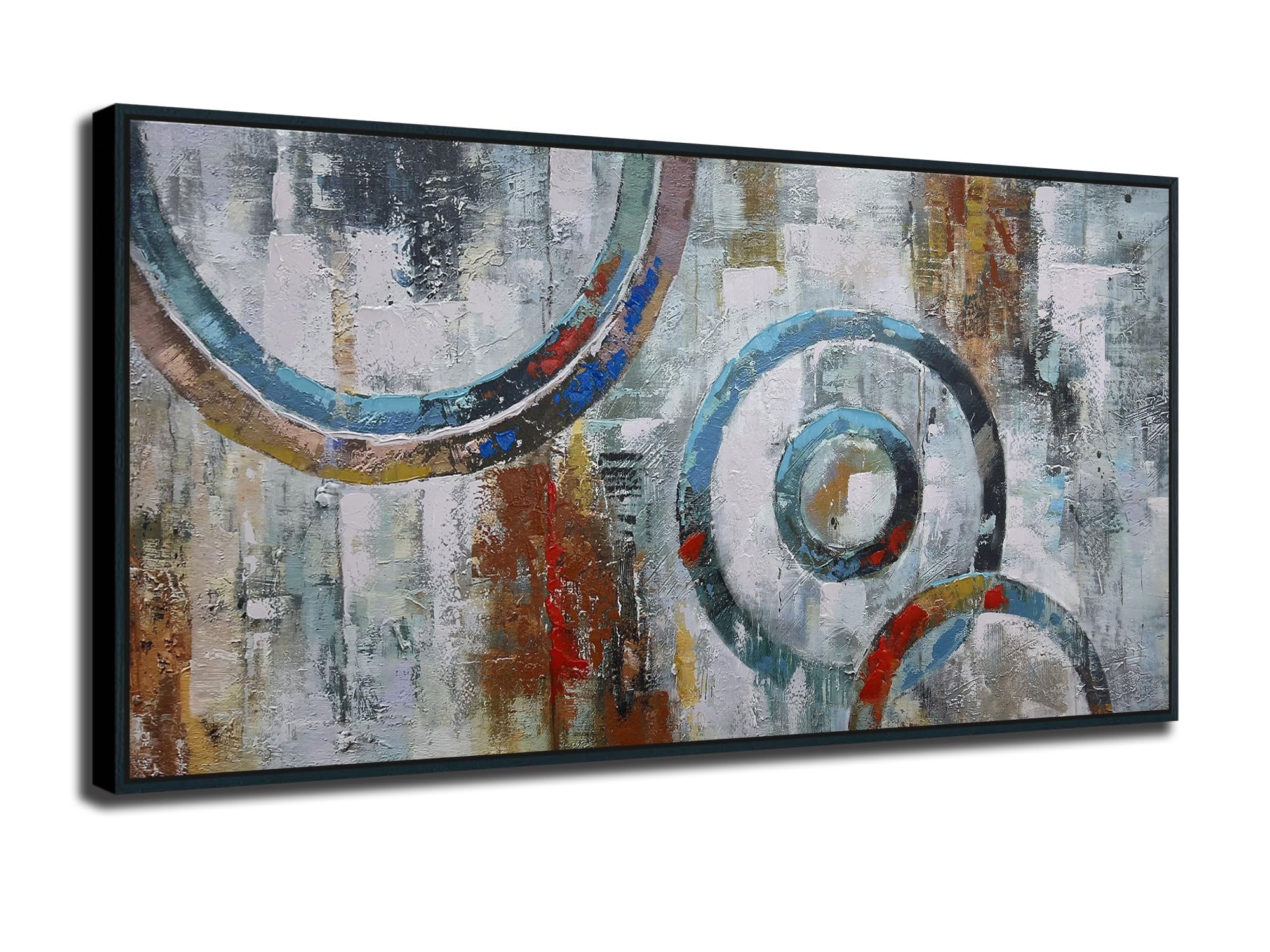 Arjun Abstract Wall Art Geometric Canvas Circles Block Painting Modern Grey Brown Picture, Simple Artwork for Bedroom Living Room Bathroom Home Office Wall Décor, Black Wood Framed Large 60"x30"