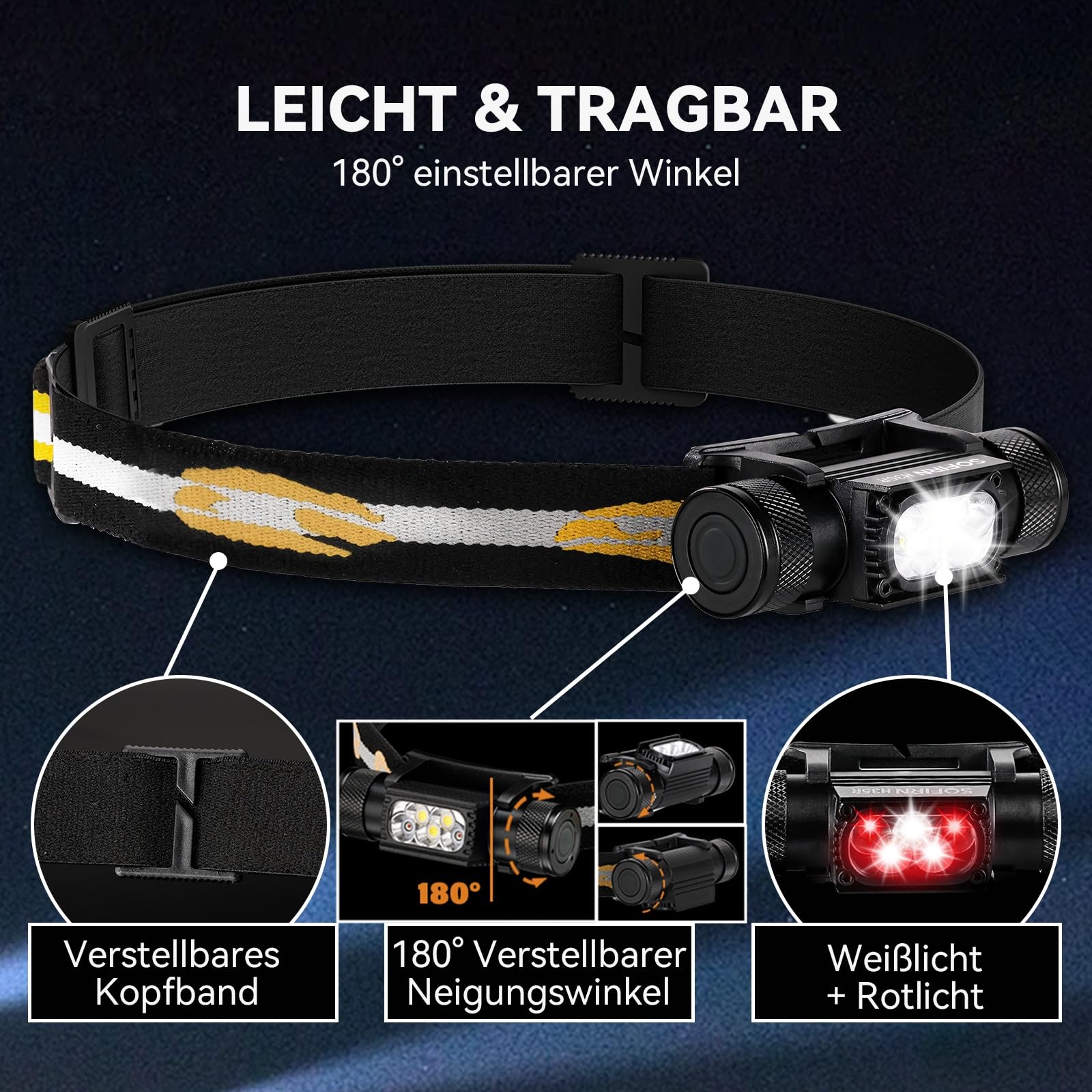 Sofirn H05B/H35B Stirnlampe mit Rotlicht - Adventure Light Stirnlampe Led Wiederaufladbar, Weiß Rot Wasserdicht Kopflampe Helmlampe, Leicht Langlebig Kopflicht für Joggen Camping, Gassi Gehen, Angeln