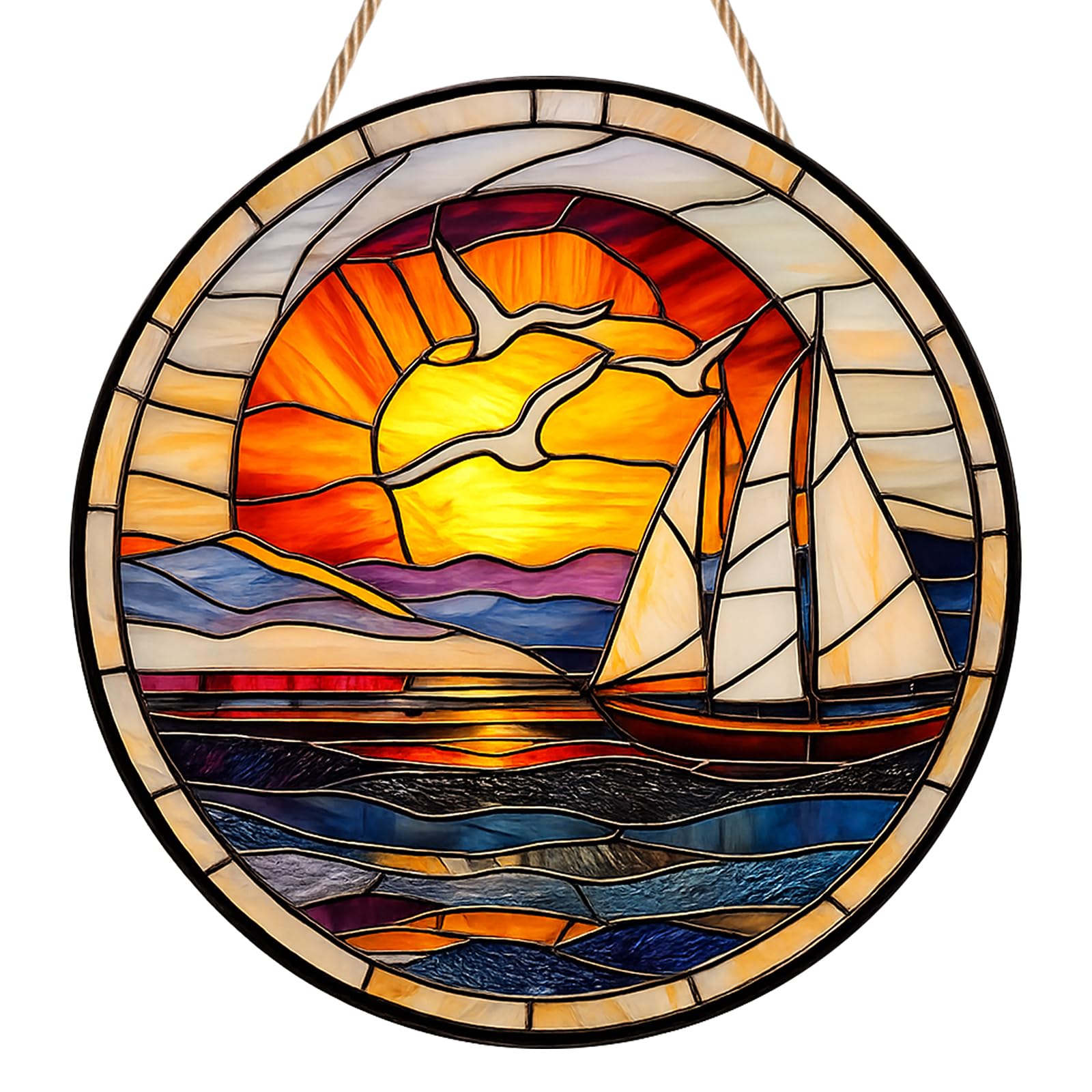 Ocean Sailboat Sun Catchers for Windows, Stained Glass Effect Suncatcher with Chain, Acrylic Abstract Sun Catcher, Vibrant Window Hanging Ornament, Home Decor for Window, Garden & Balcony