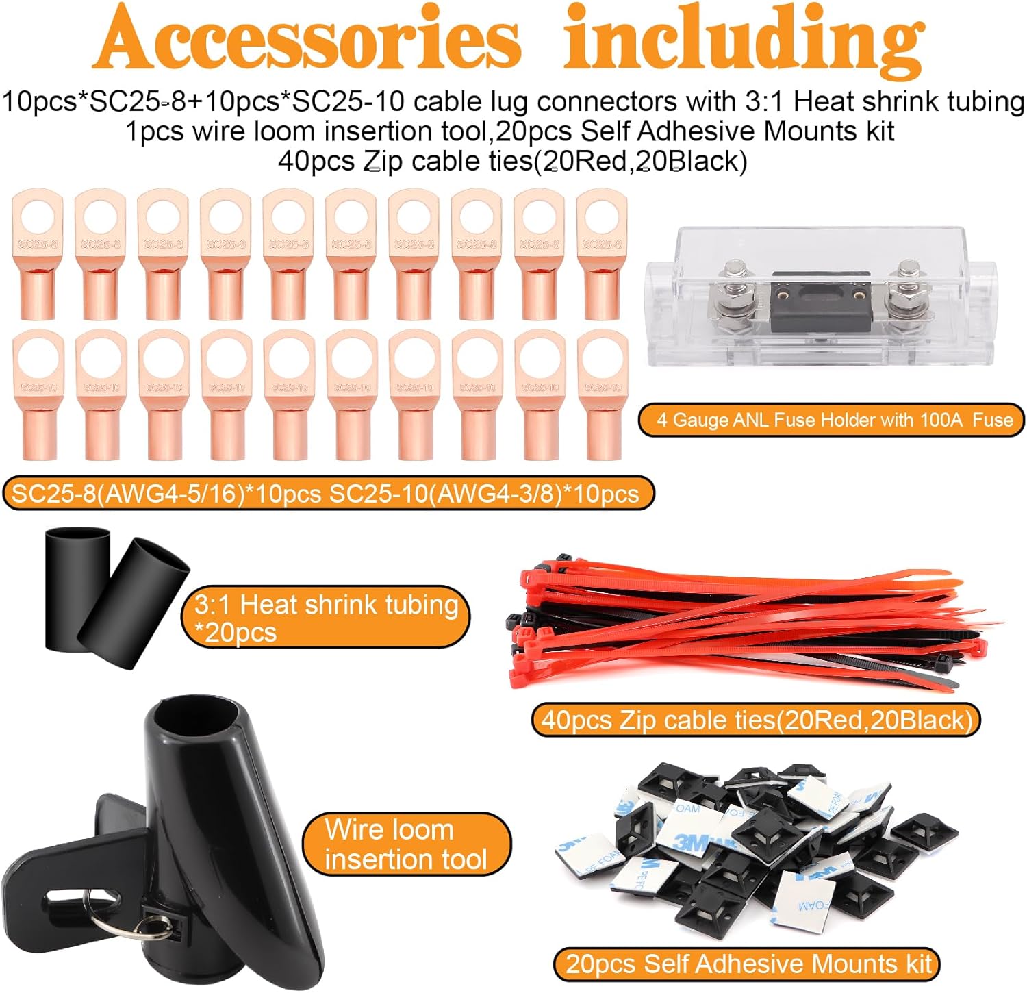 4 Gauge Wire Copper Clad Aluminum CCA 50FT Black/Red with 4ga Lugs,100A ANL Fuse Holder,50FT 1/2 inch Cable Split Sleeving,Self Adhesive Mounts Zip Ties Kit