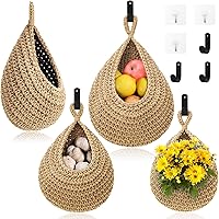 OGOTEZ 3-Pack Boho Wall Hanging Fruit Baskets with 6 Hooks - Kitchen Onion Vegetable Potato Storage, Light Linen Teardrop Design