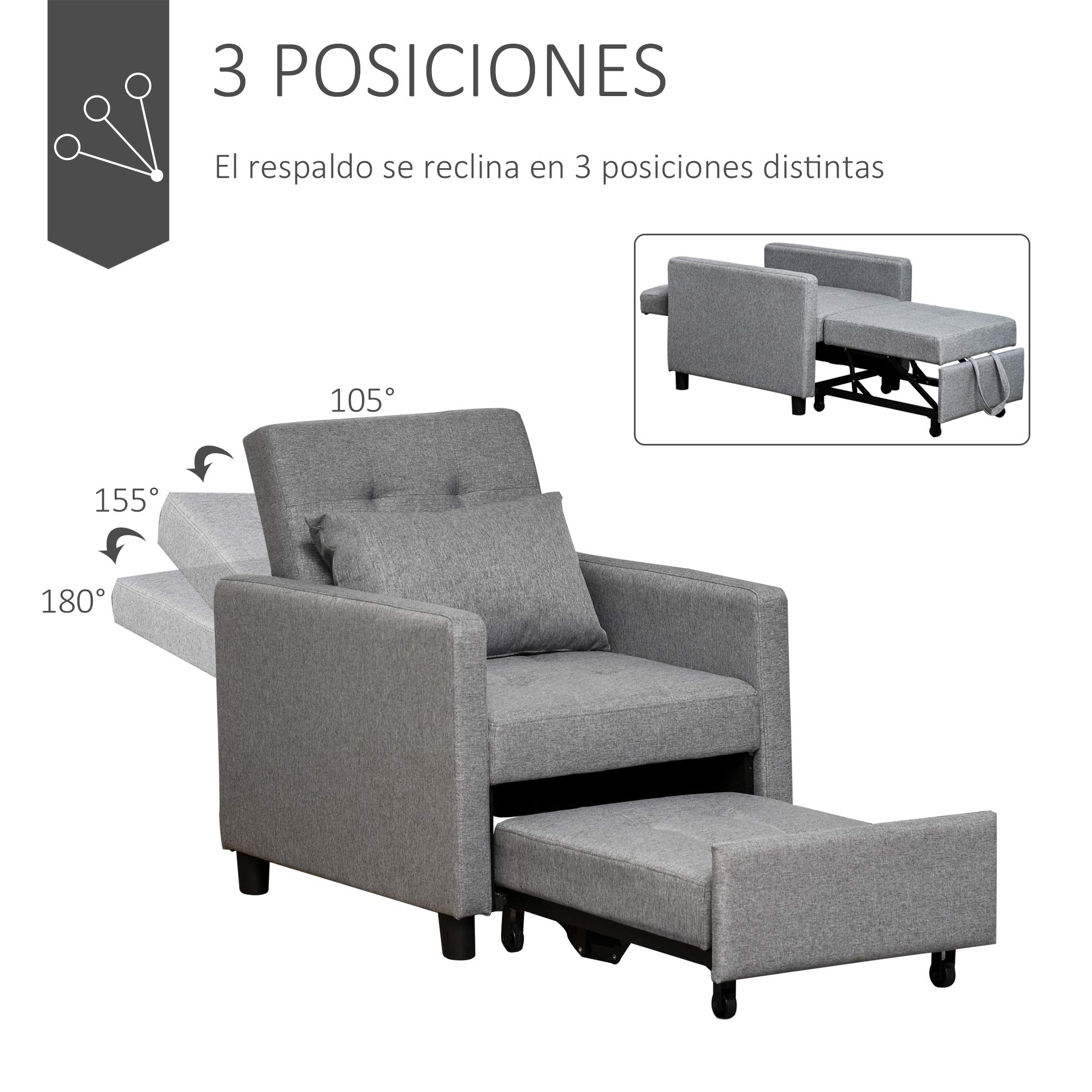HOMCOM Sofá Cama de 1 Plaza 3 en 1, Sillón Cama Tapizado en Lino, con Respaldo Ajustable de 3 Niveles, Almohada Acolchada, para Oficina, Dormitorio, Salón, 69x82,5x84 cm, Gris