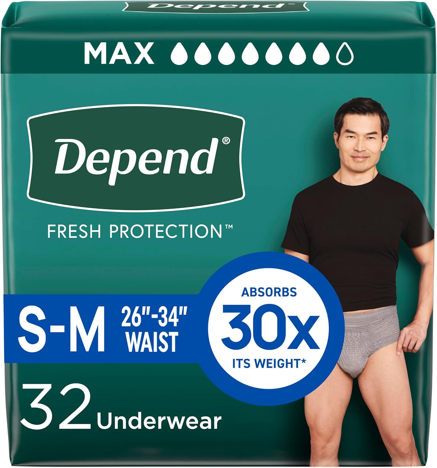 Depend Fresh Protection Adult Diapers, Incontinence Underwear for Men, Disposable, Maximum, Small/Medium, Grey, 32 Count, Packaging May Vary Small/Medium 32