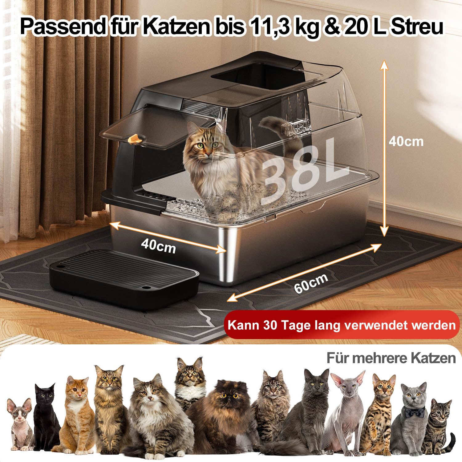 Edelstahl Katzenklo mit Haube, Geschlossene Katzentoilette mit Einstieg vorne & Oben, leicht zu reinigendes Metall Katzenklo für große Katzen - inkl. Katzenstreuschaufel & Matte - Schwarz