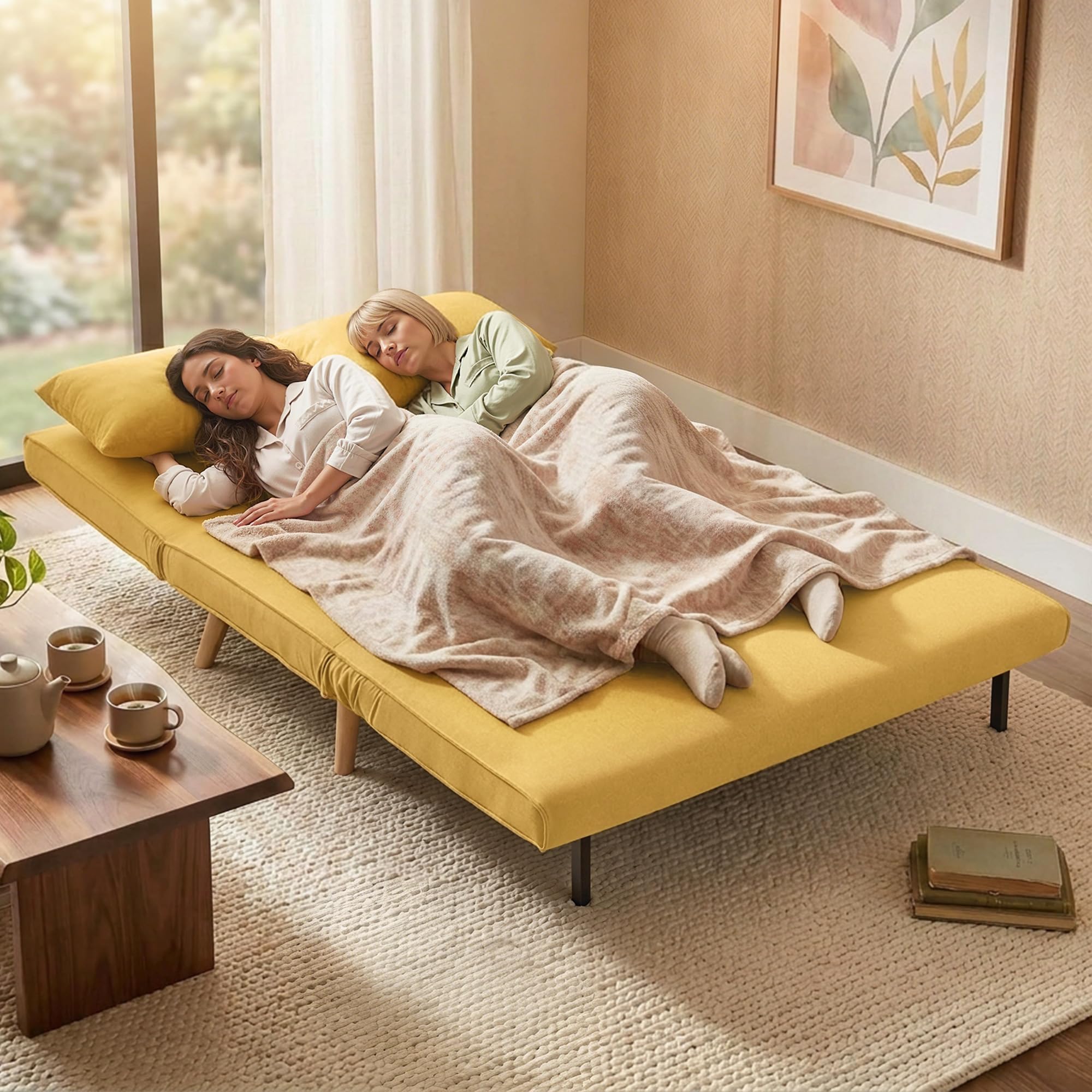 HOMCOM Sofá Cama de 2 Plazas Plegable 3 en 1, Sofá Cama, Tapizado en Lino, con Respaldo Ajustable 5 Posiciones, 2 Almohadas, para Dormitorio, Salón, Amarillo