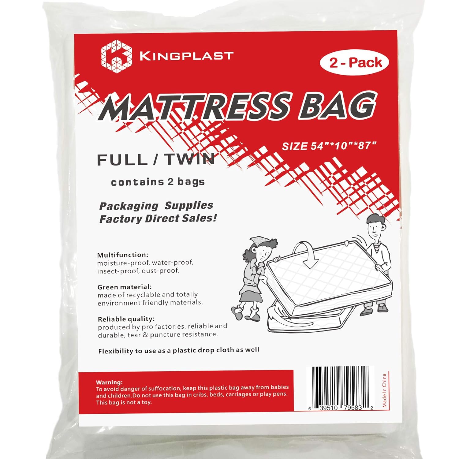 K KINGPLAST Mattress Bags for Moving and Storage Twin Full Size 54-Inch by 87-Inch Clear 2Pack Disposable Plastic
