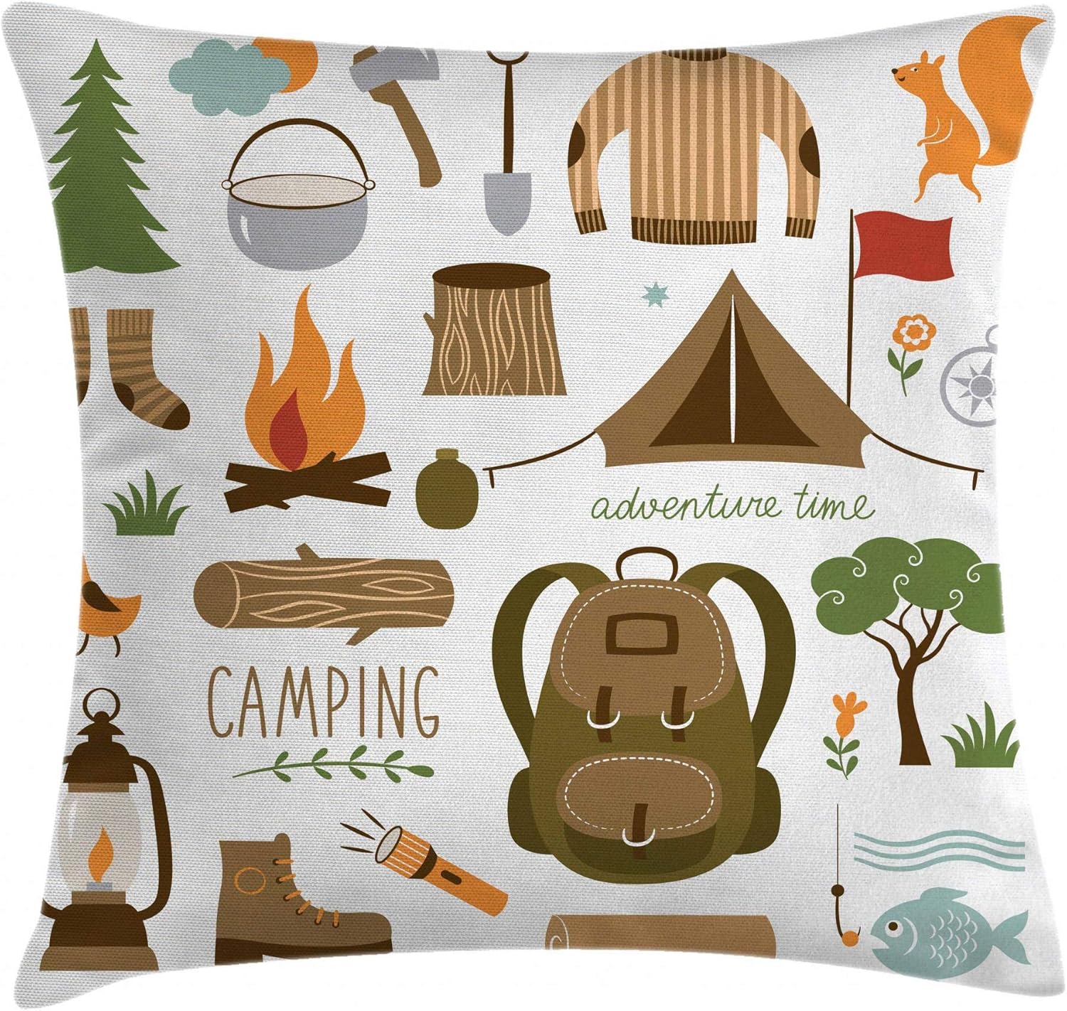 Ambesonne Adventure Throw Pillow Cushion Cover, Camping Equipment Sleeping Bag Boots Campfire Shovel Hatchet Log Artwork Print, Decorative Square Accent Pillow Case, 18″ X 18″, Khaki White