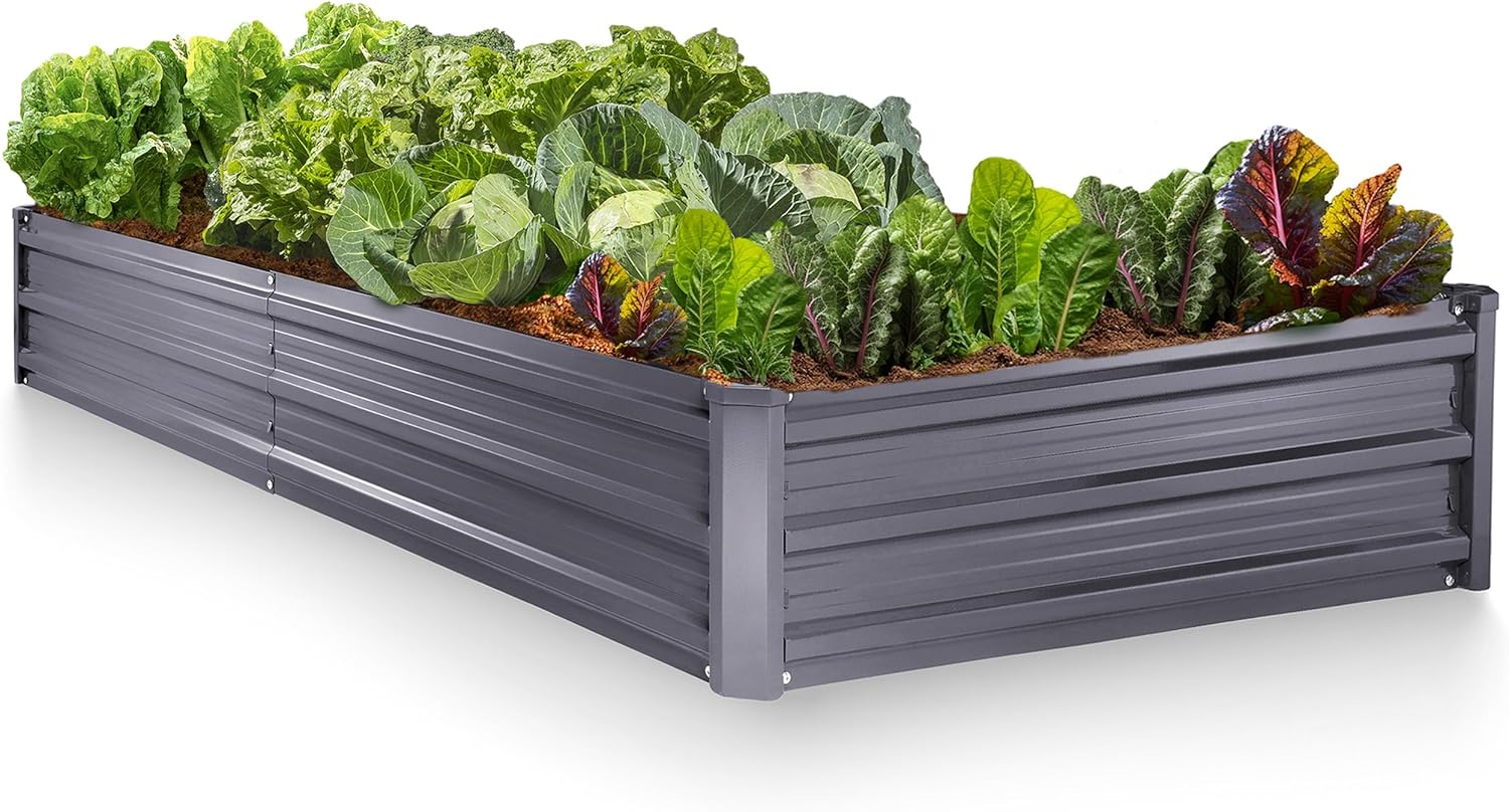Galvanized Raised Garden Beds Outdoor // 8×4×1 ft Planter Raised Beds for Gardening, Vegetables, Flowers // Large Metal Garden Box (Gray) // Patent Pending Tool-Free Assembly 8×4×1 ft Gray