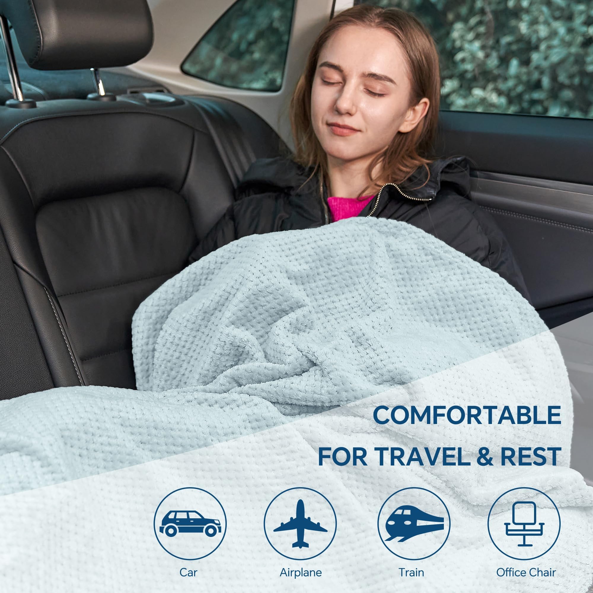 BEDELITE Travel Blanket with Bag, Jacquard Fleece Blanket 65"x40", Blue view 7