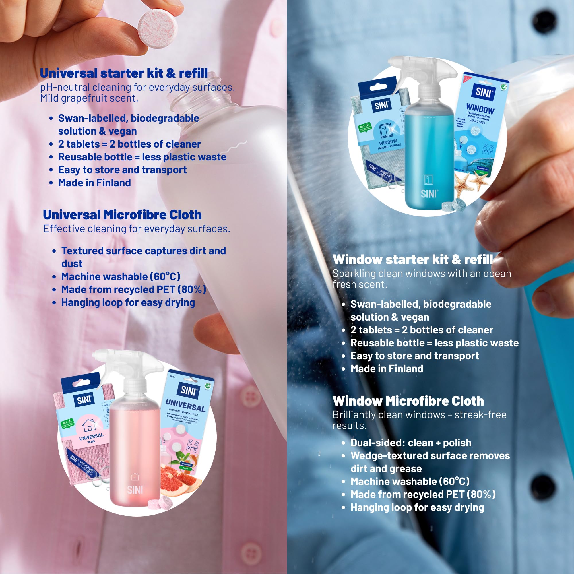 SINI Reinigung Starterset Bundle Groß – 17-teiliges Set – 6 Sprühflaschen, 12 Refill-Tabs & 5 Mikrofasertücher – Komplett-Set für Küche, Bad, WC, Fenster, Boden & Universal