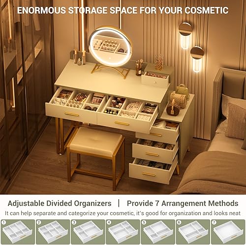 Miniatura 6 de Armocity - Mesa de tocador con espejo y luces, juego de mesa de maquillaje con 6 cajones de almacenamiento, taburete y organizadores divididos,