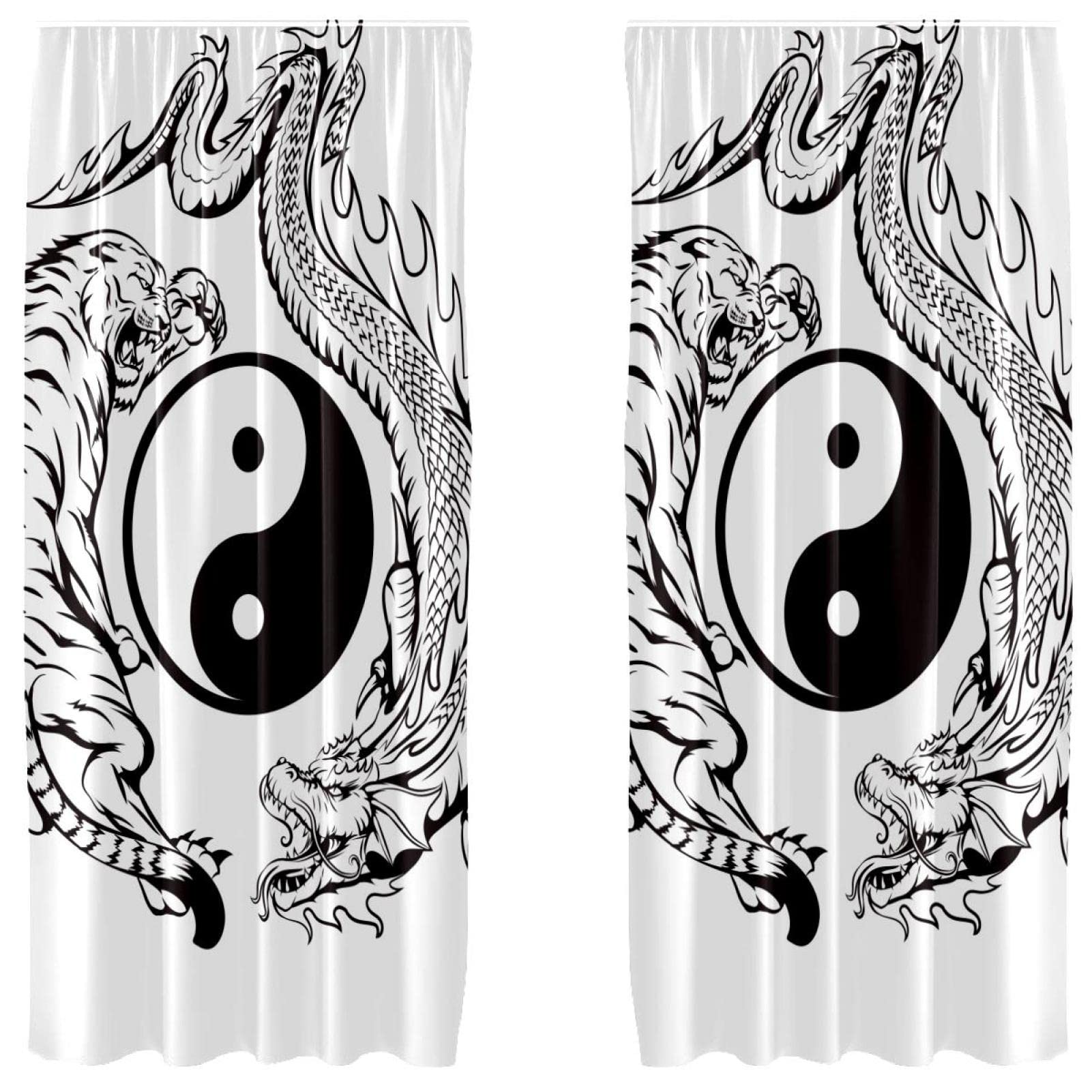 Rideaux occultants dragon et tigre microfibres 2 panneaux de 140x213cm